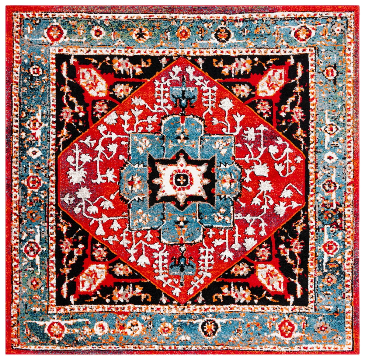Antique Patina Vintage Hamadan 6'7" Square Blue/Red Synthetic Rug