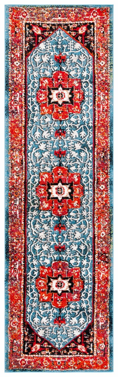 Vintage Red and Blue Synthetic Persian Runner Rug