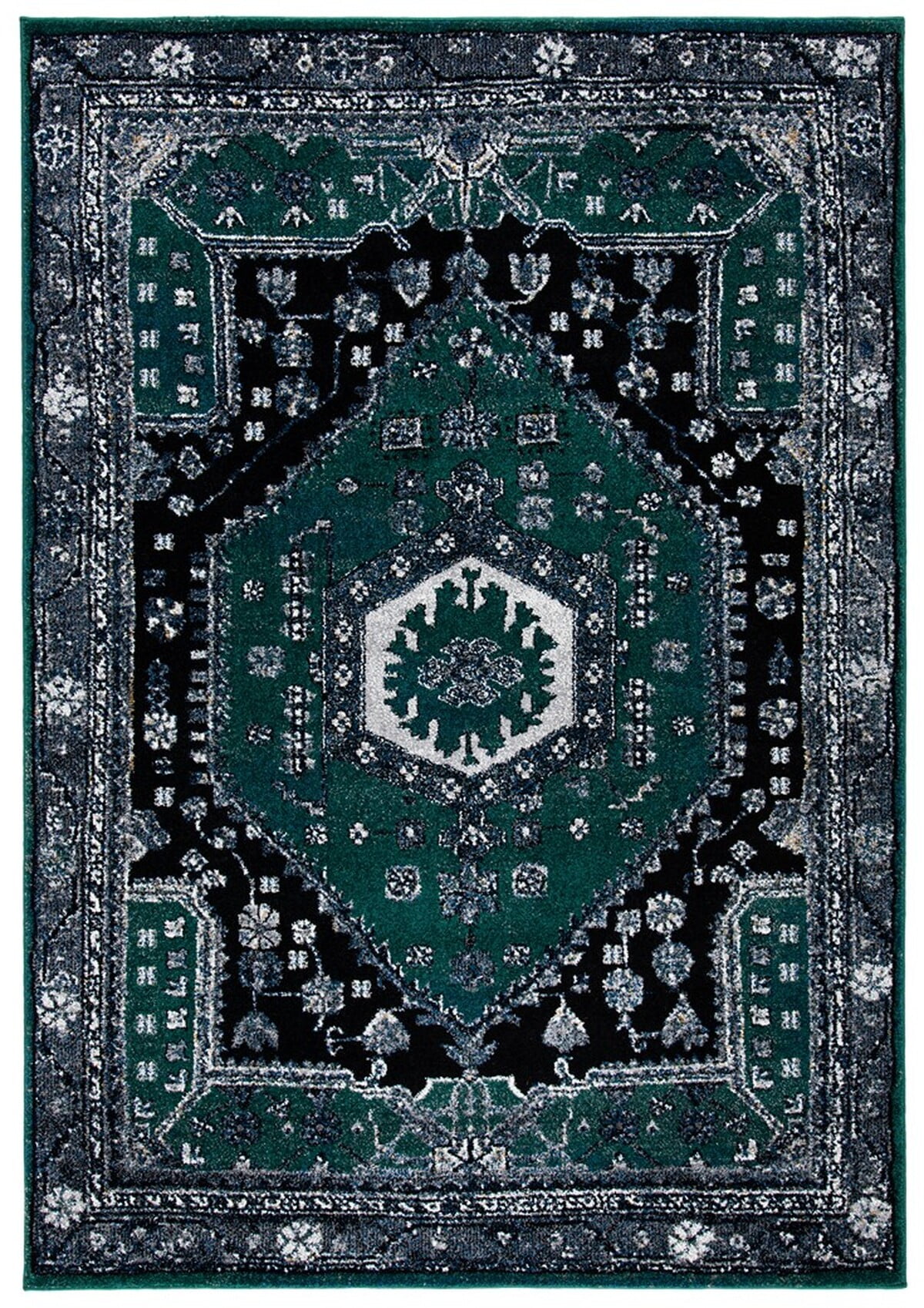 Vintage Green and Black Hand-knotted Synthetic Area Rug