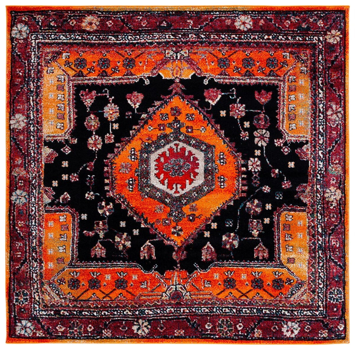 Vintage Hamadan Black Synthetic Square Area Rug, 6'7"