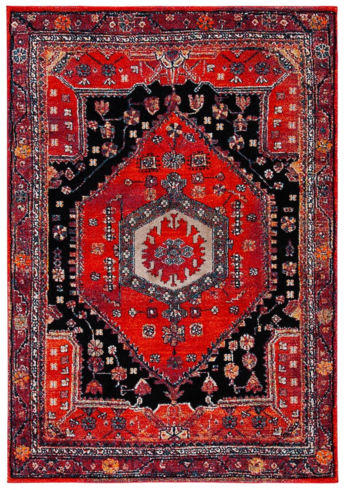 Vintage Red and Black Synthetic Oriental Area Rug, 5'3" x 7'6"