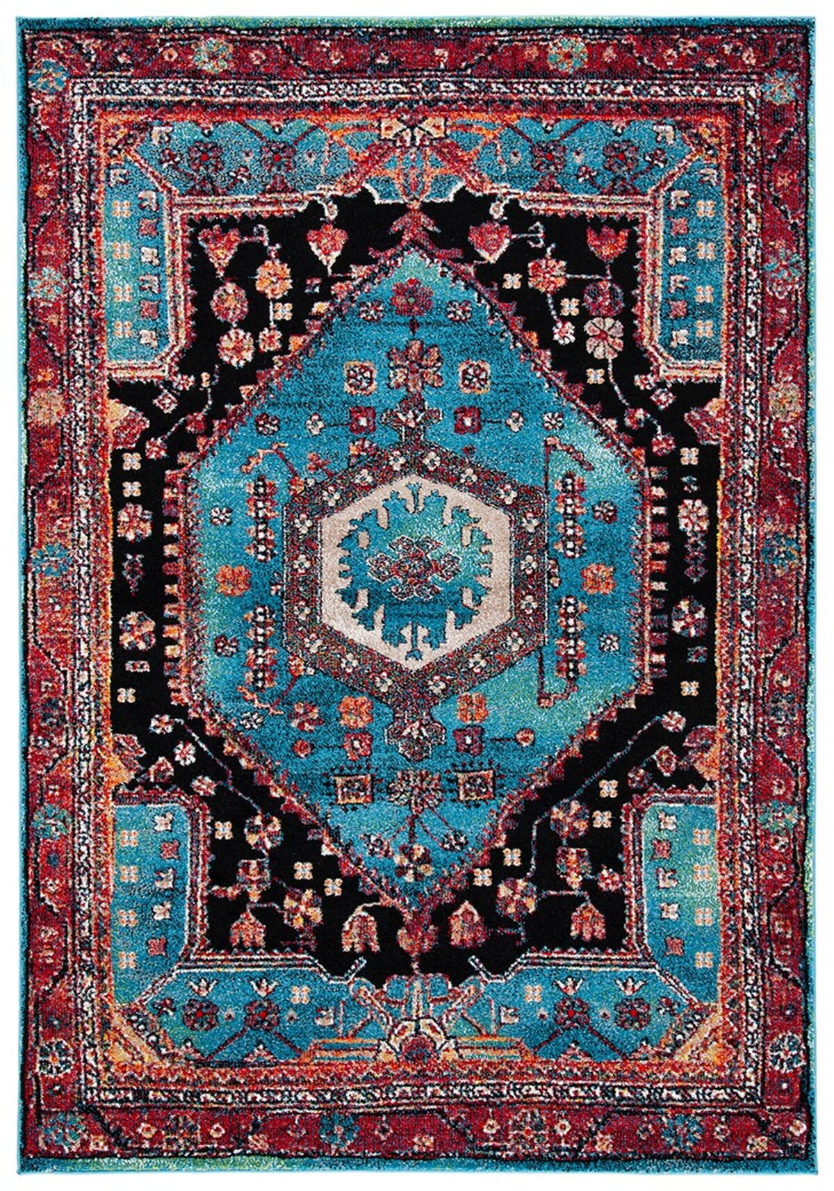 Turquoise and Black Round Synthetic Non-Slip Area Rug