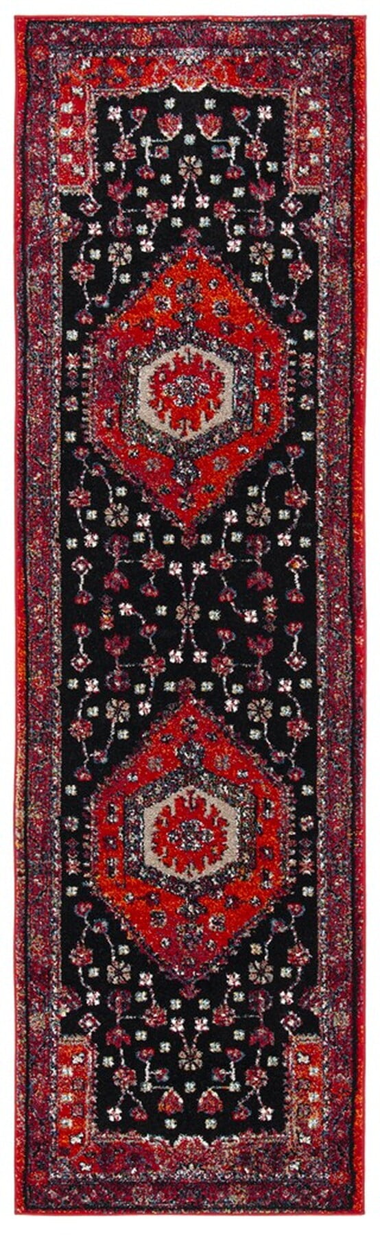 Vintage Red and Black Synthetic Runner Rug, 2'3" x 8'