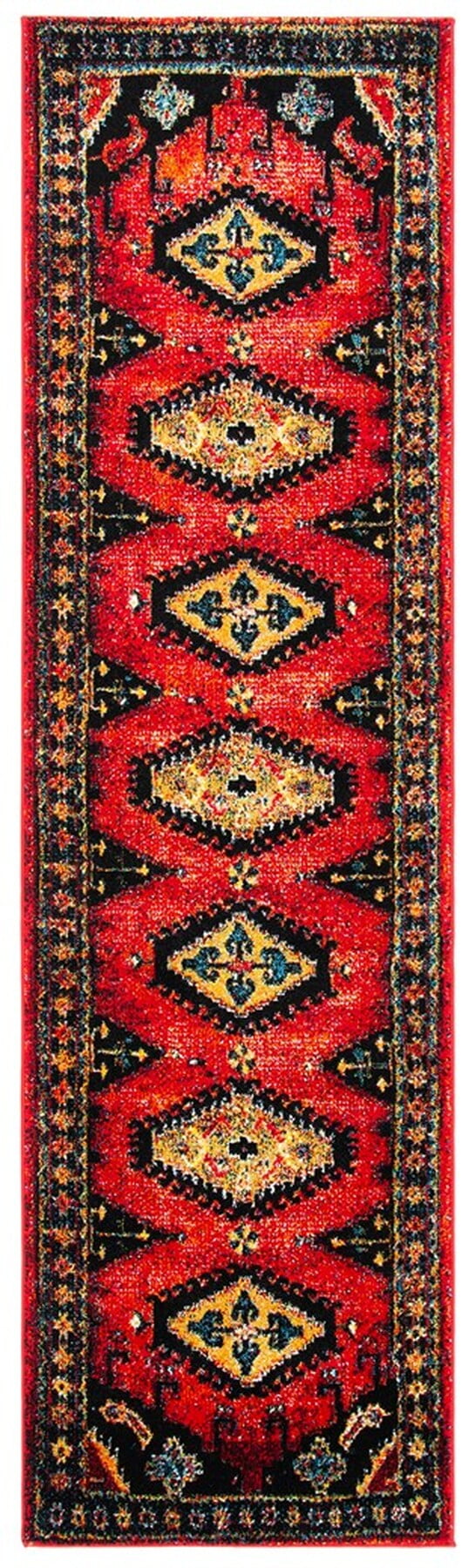 Vintage Red and Black Synthetic Runner Rug