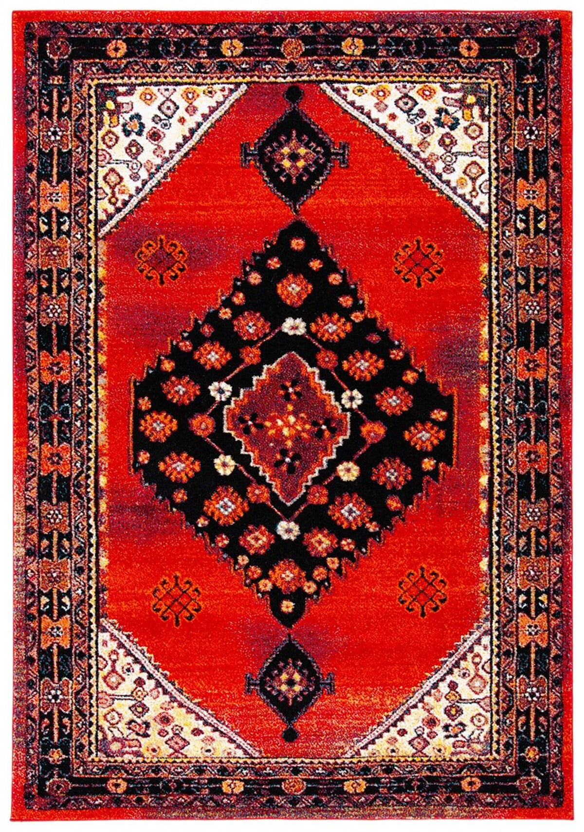 Vintage Red and Black Synthetic Rectangular Area Rug