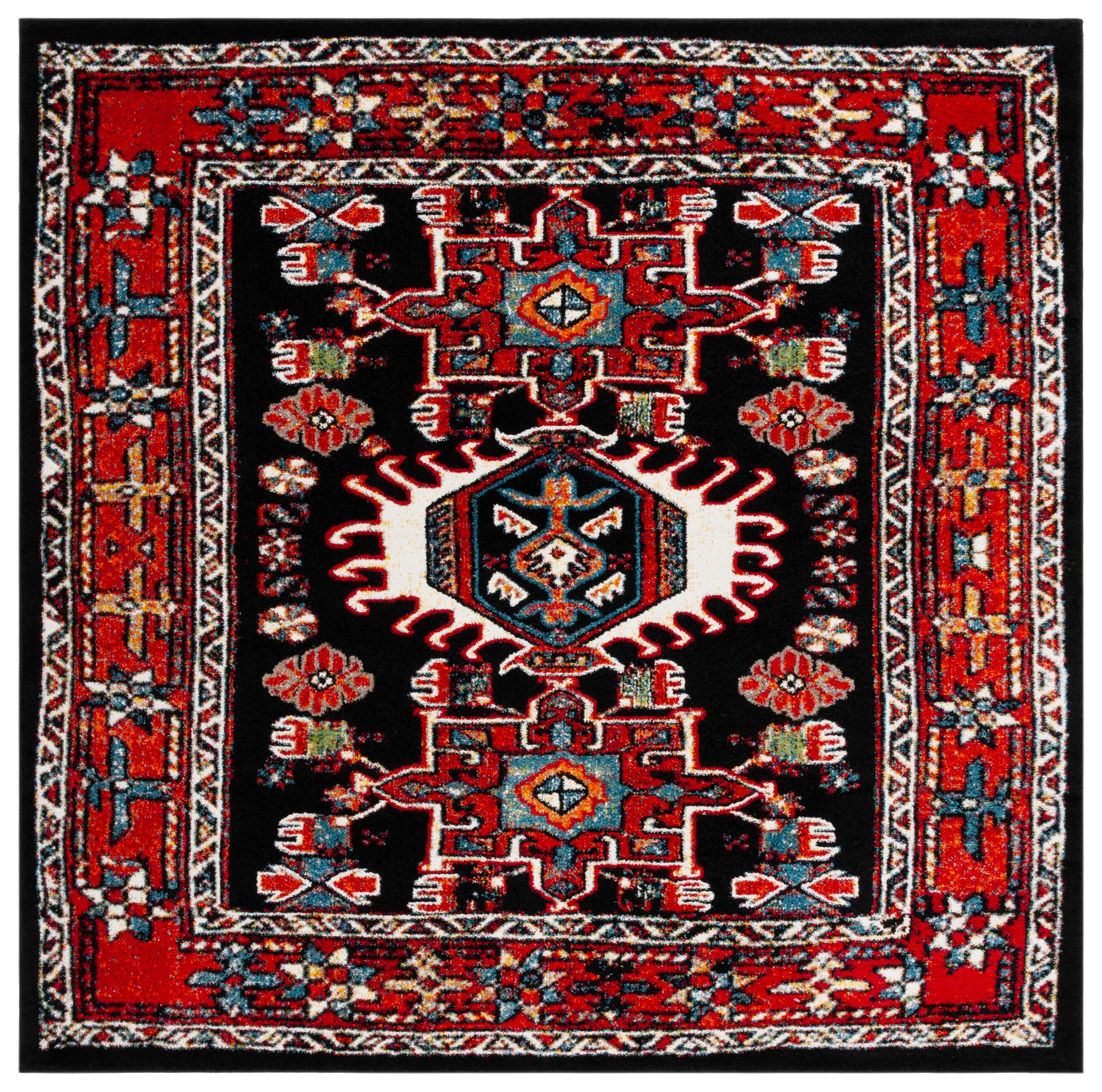 Red and Black Square Synthetic Oriental Area Rug, 6'7" x 6'7"