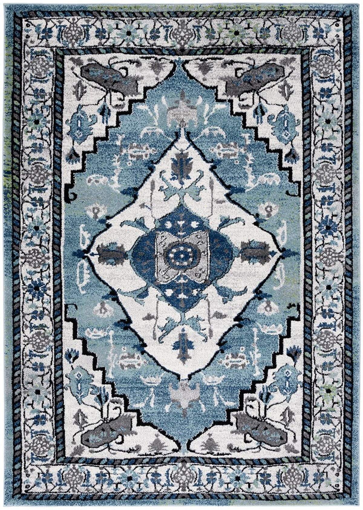 Blue and Ivory Synthetic Persian Area Rug, 5'3" x 7'6"