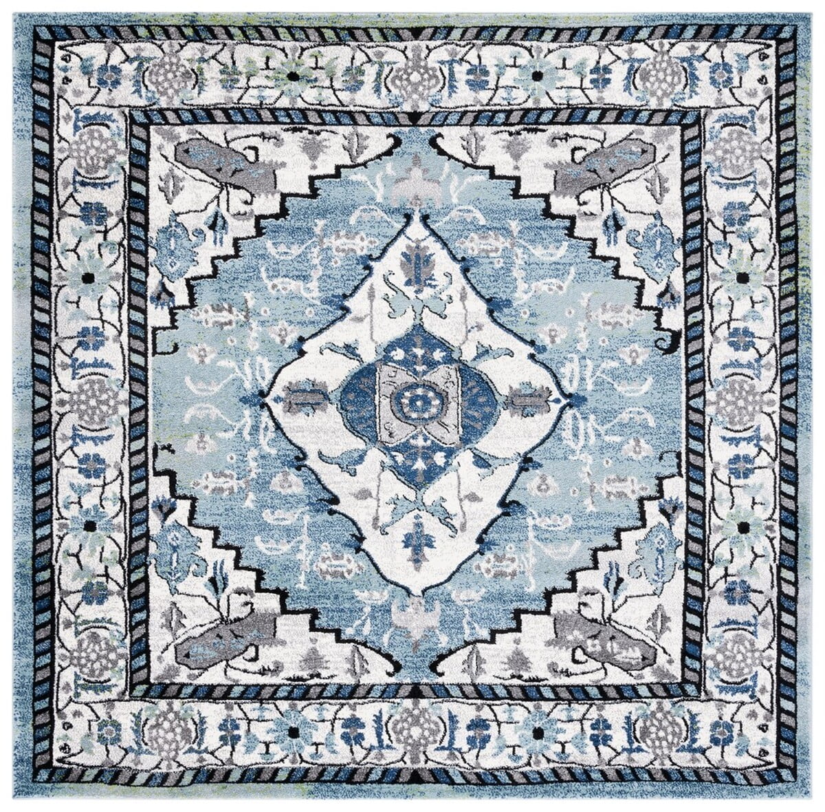Vintage Blue and Ivory Square Synthetic Area Rug 6'7"