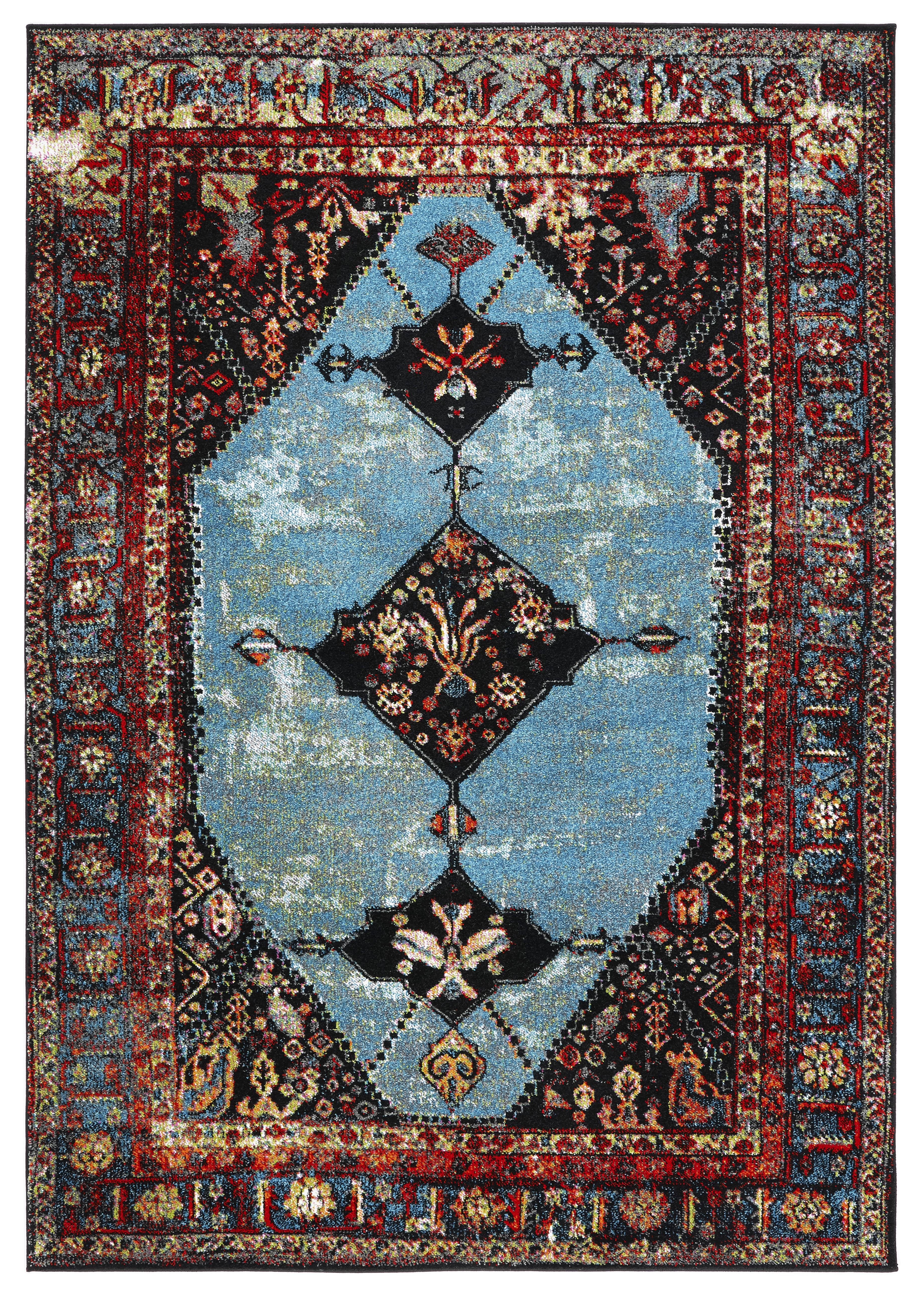 Vintage Red and Light Blue Synthetic Persian Area Rug