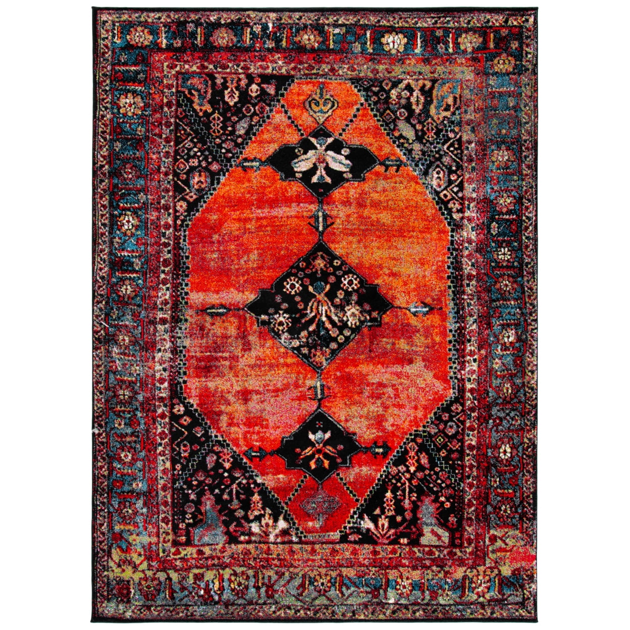 Vintage Red Floral High Pile Synthetic Area Rug