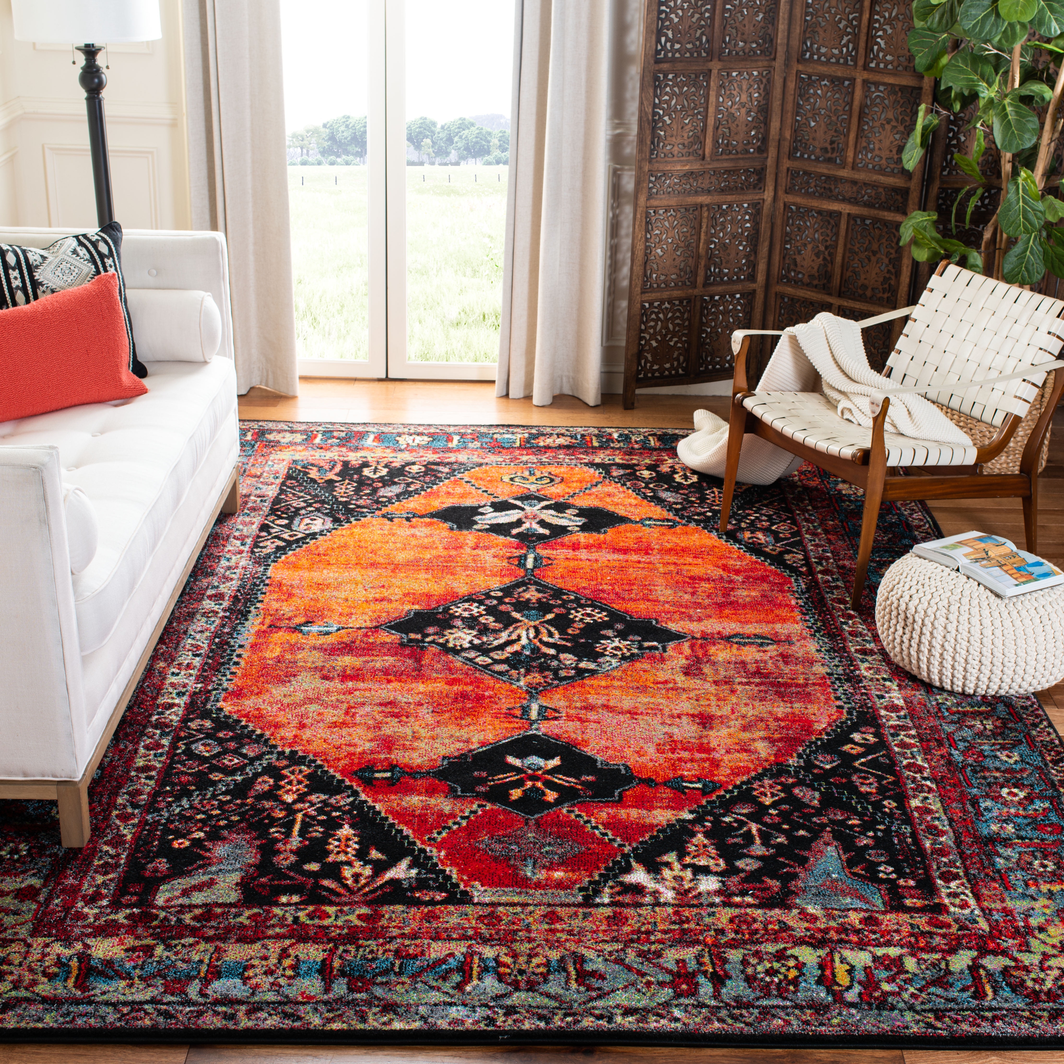 Vintage Hamadan Orange Multi High Pile Area Rug