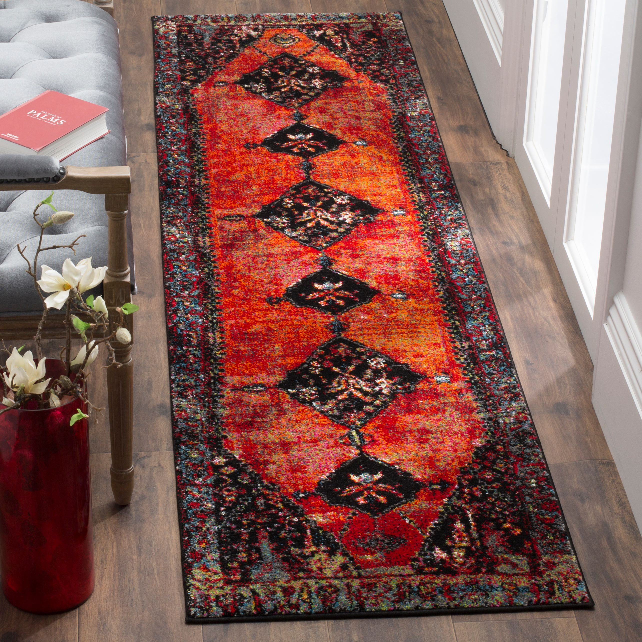 Vintage Hamadan Multi-Color Synthetic Floral Runner Rug