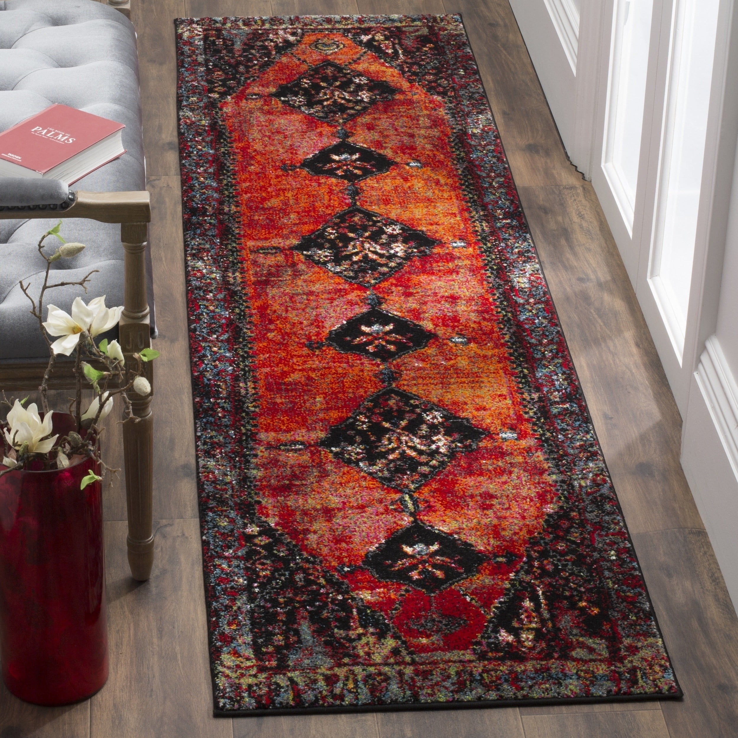 Vintage Hamadan Orange and Black High Pile Runner Rug