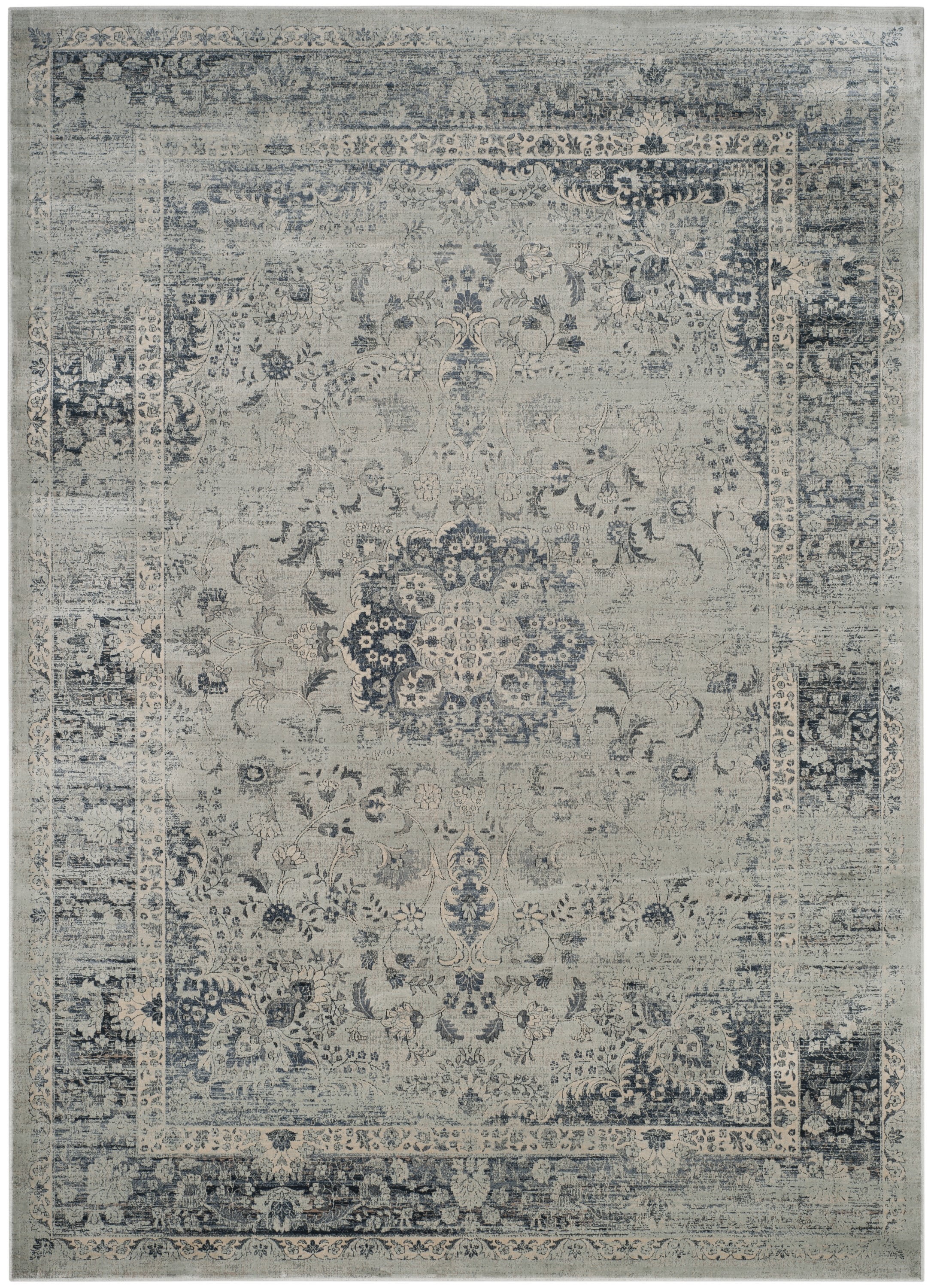 Light Blue Distressed Oriental 9' x 12' Viscose Cotton Rug
