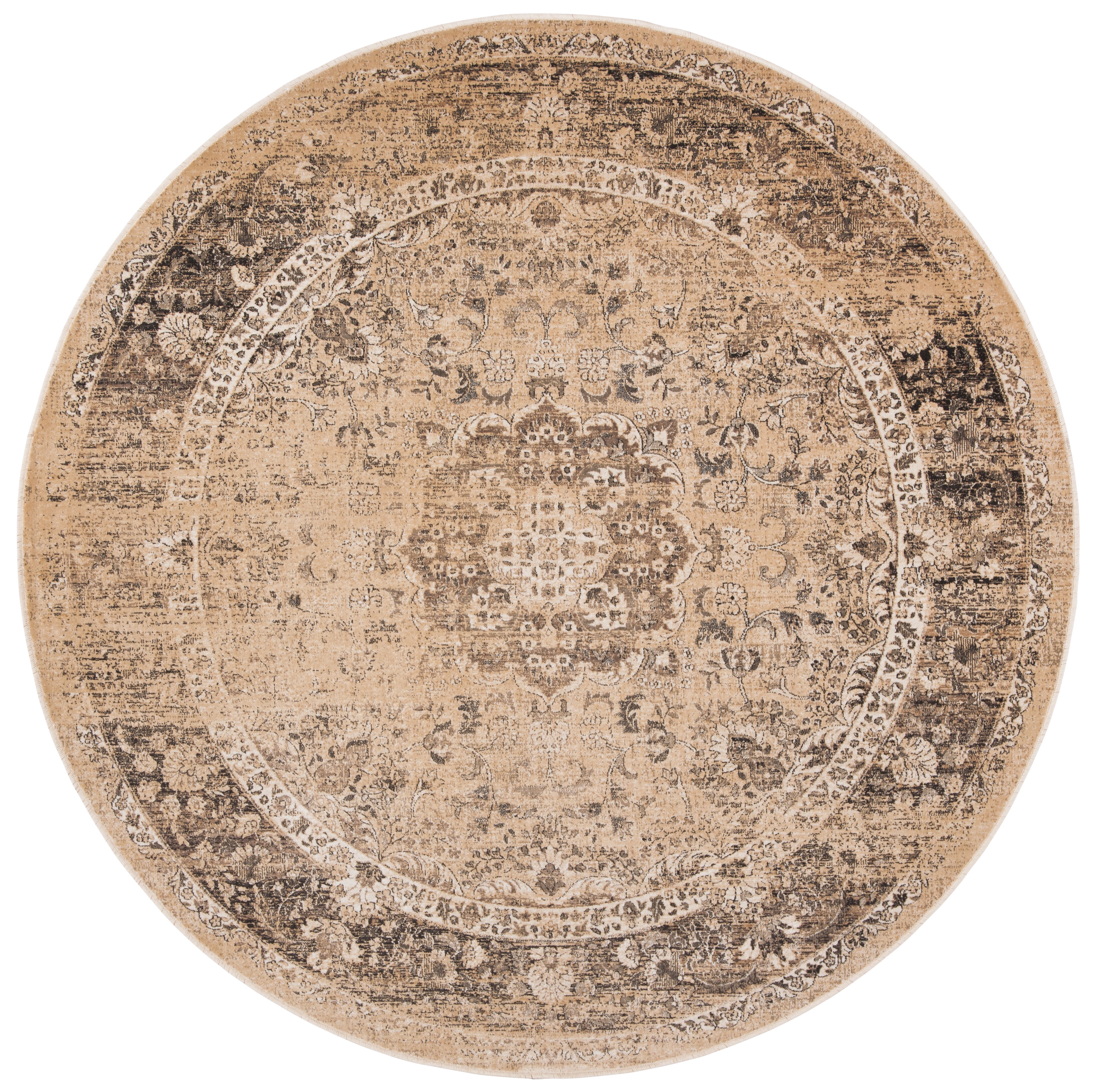 Vintage Warm Beige Floral Round Wool Area Rug