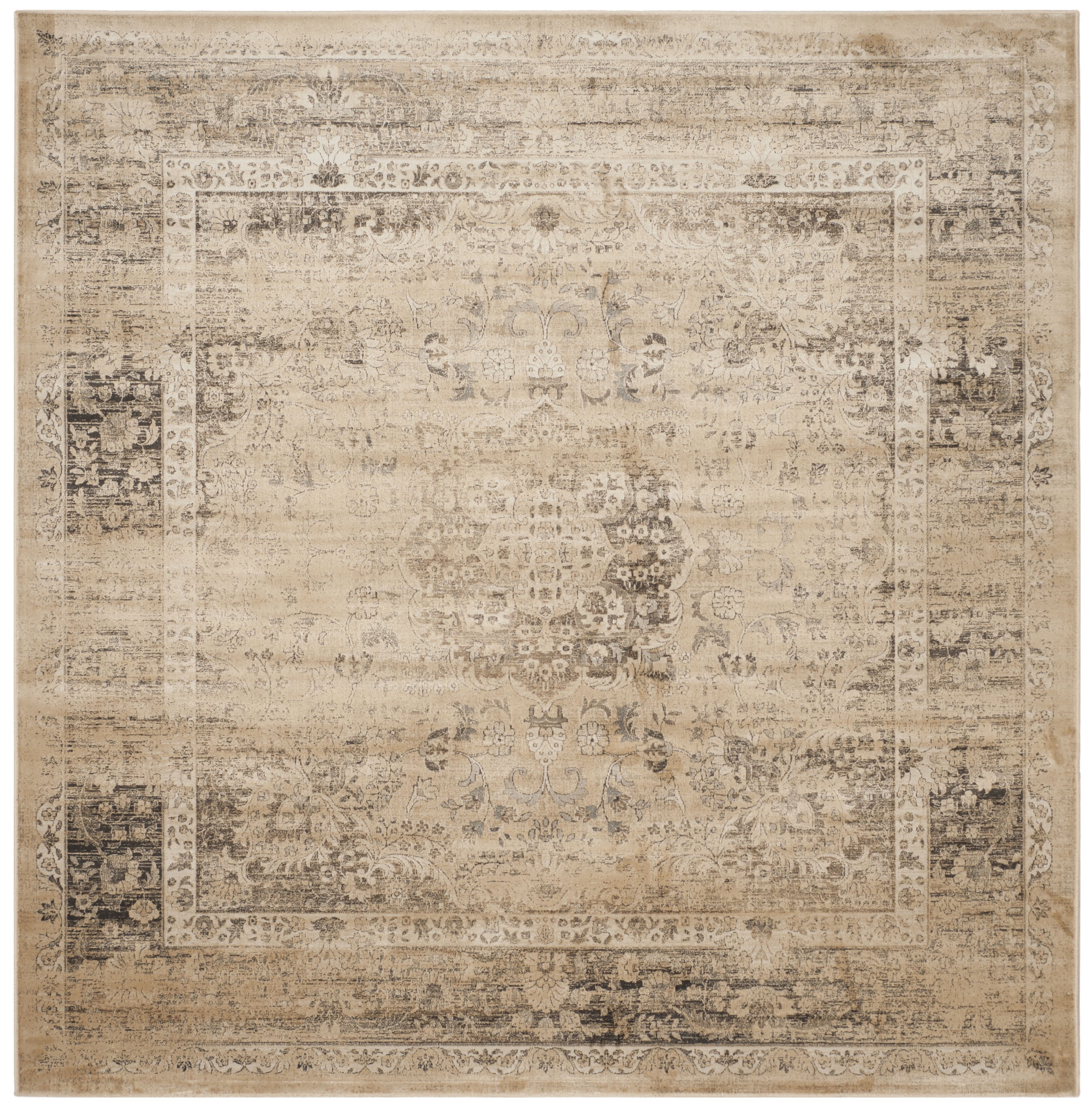 Warm Beige Floral Hand-Knotted Wool and Silk Square Rug