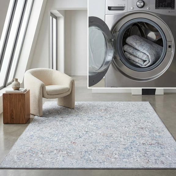 SAFAVIEH Vintage Heriz Kristen Abstract Machine Washable Area Rug, Grey/Blue, 6'7" x 6'7" Square