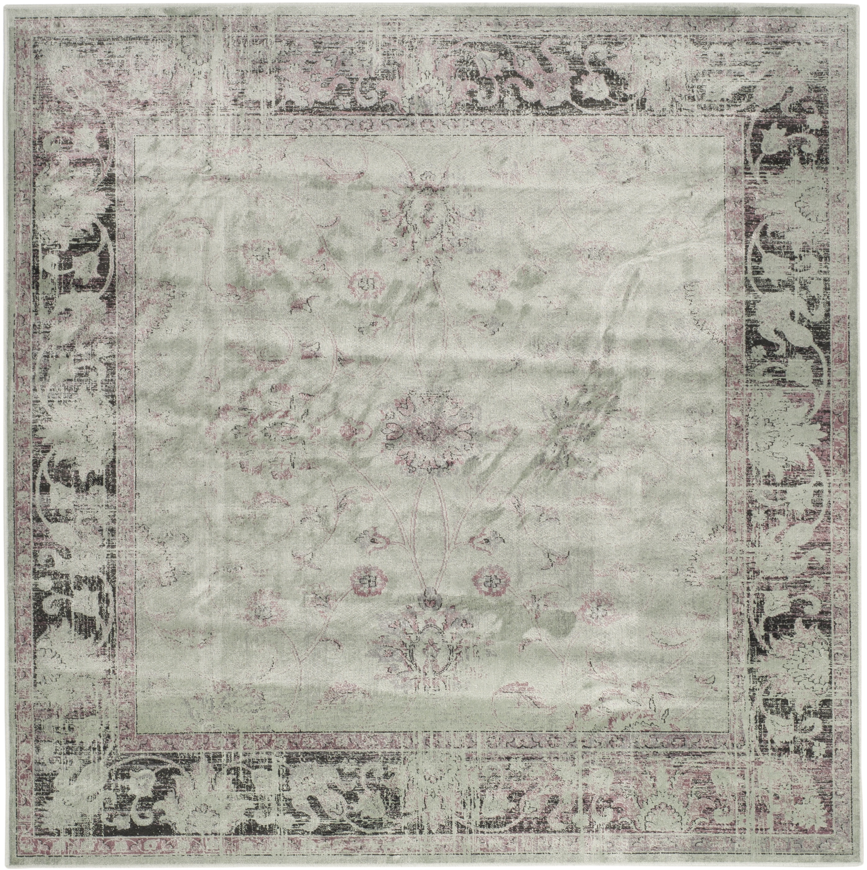 Elegant Vintage Floral 6' Square Area Rug in Spruce and Ivory