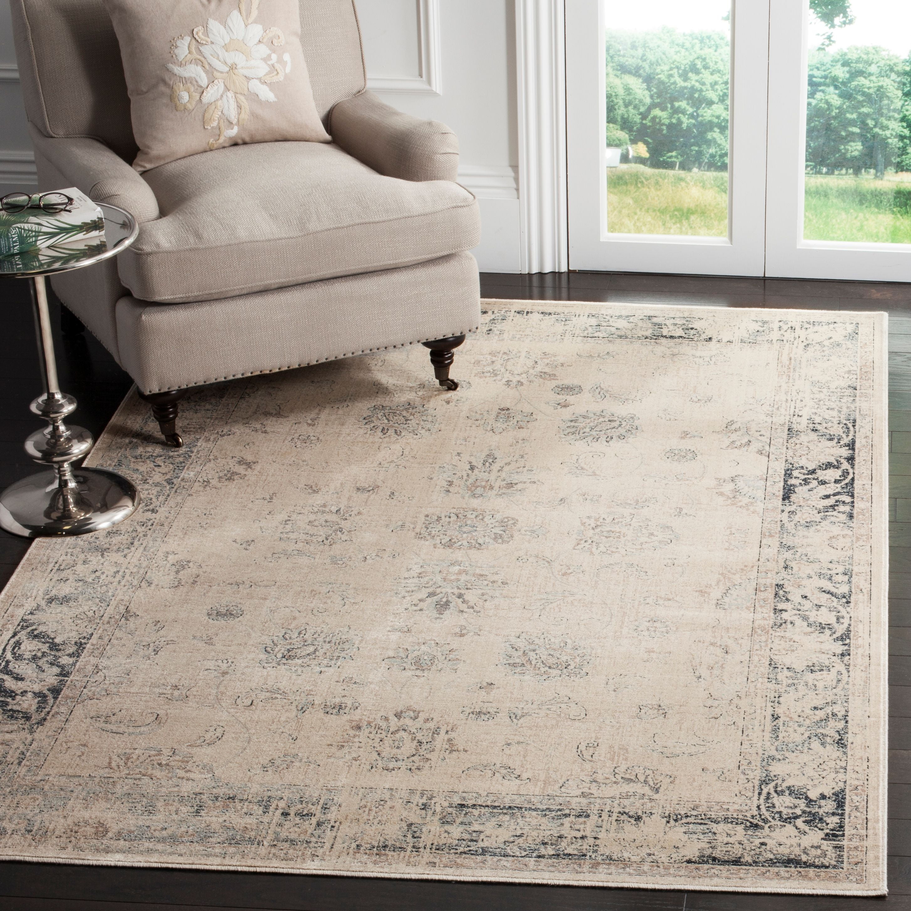 Elegant Stone and Blue Vintage-Inspired Area Rug 8' x 11'