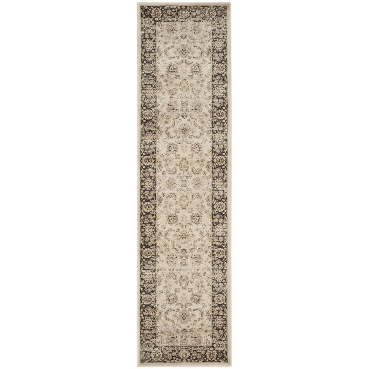 Ivory and Black Vintage Traditional Runner Rug, 2'2" x 8'