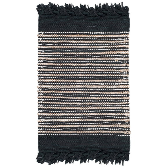 SAFAVIEH Vintage Leather Aaron Stripe Fringed Area Rug, Black/Multi, 6' x 6' Square