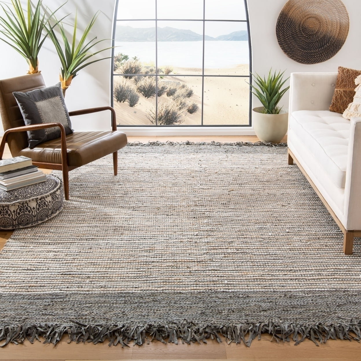 Grey and Multicolor Handwoven Cowhide Leather Area Rug