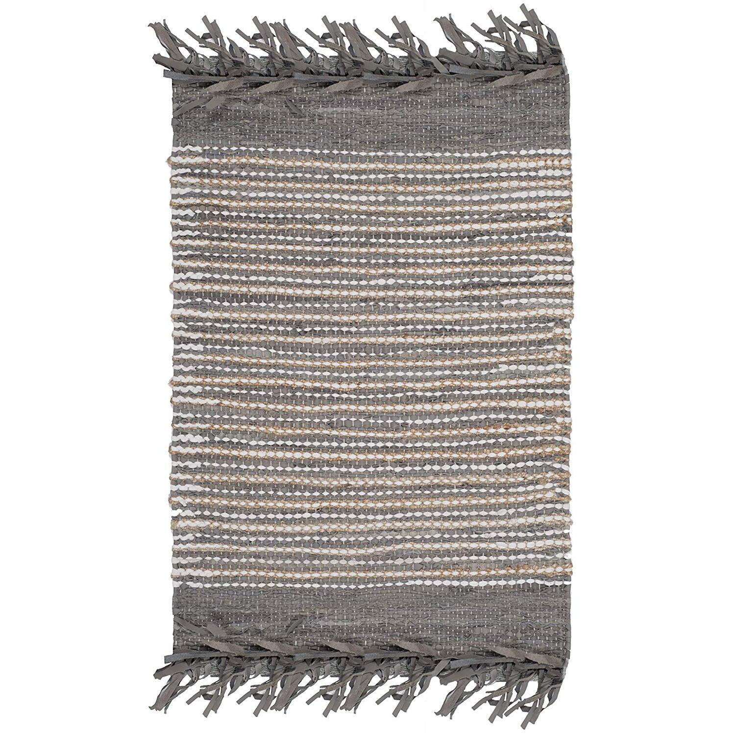 Vintage Grey and Multicolor Handmade Leather Fringe Rug, 2' x 3'