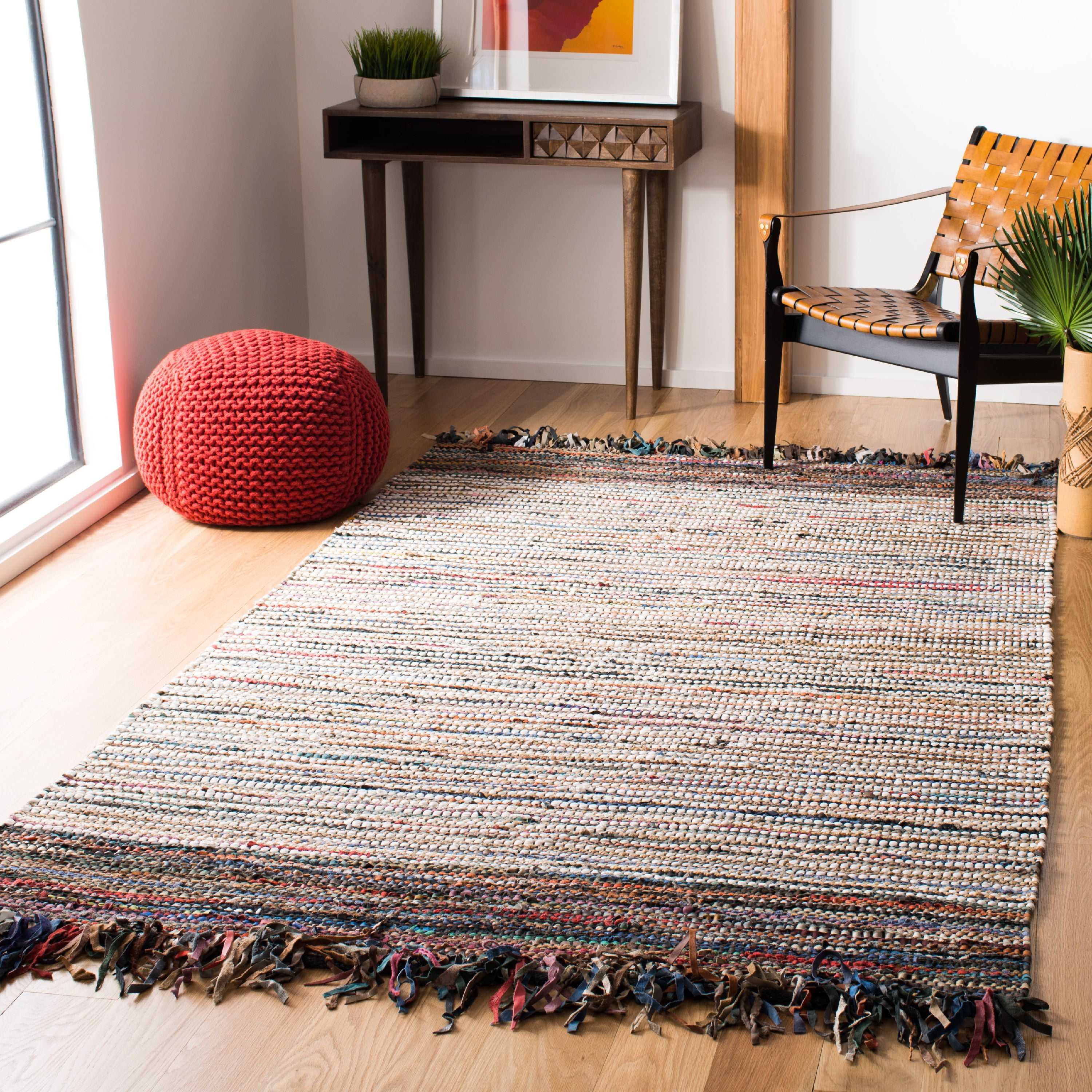 Handmade Multi-Color Cowhide Leather 6' x 9' Flat Woven Rug
