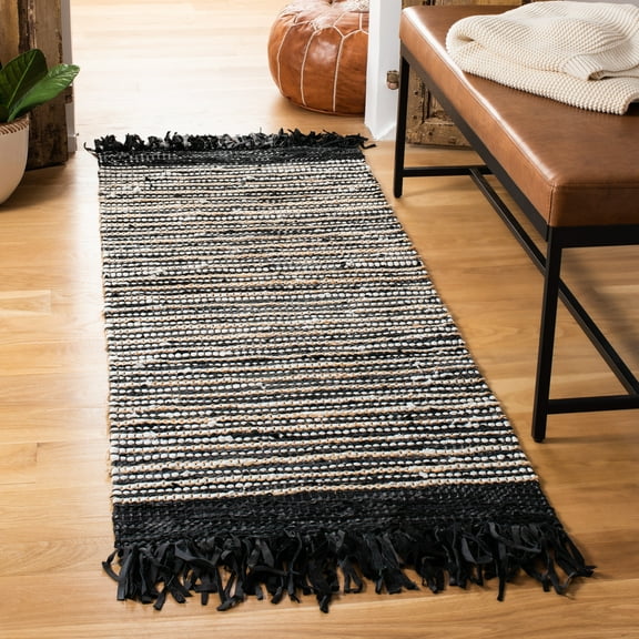 SAFAVIEH Vintage Leather Aaron Stripe Fringed Runner Rug, Black/Multi, 2'3" x 6'