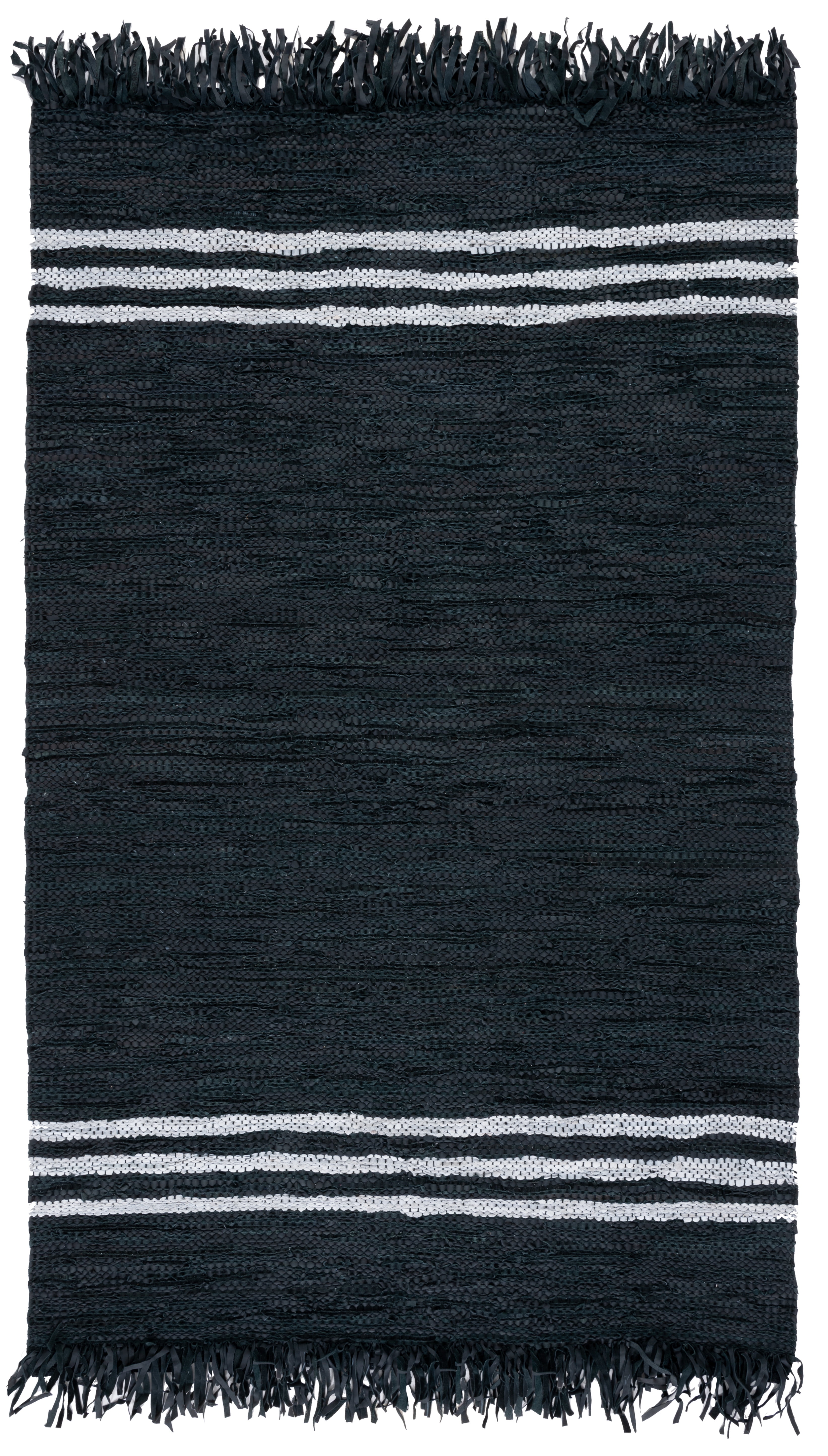 Handmade Black and Ivory Cowhide Leather Striped Area Rug, 5' x 8'