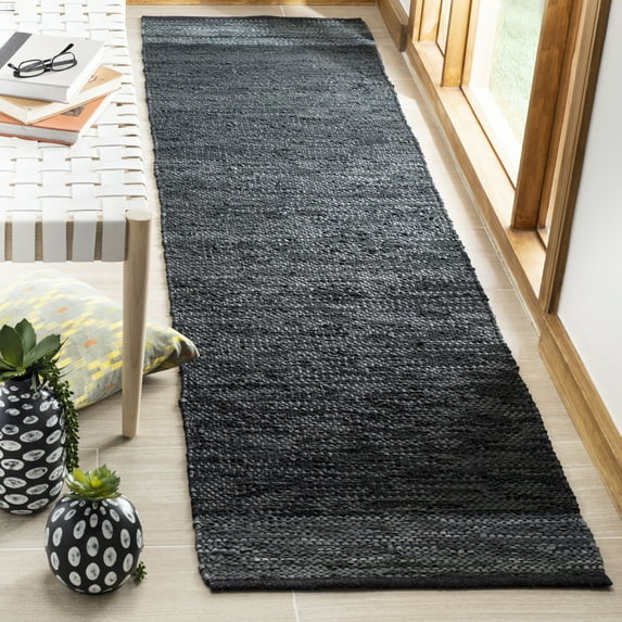 SAFAVIEH Vintage Leather Ayleen Braided Striped Runner Rug, Black/Grey, 2'3" x 9'