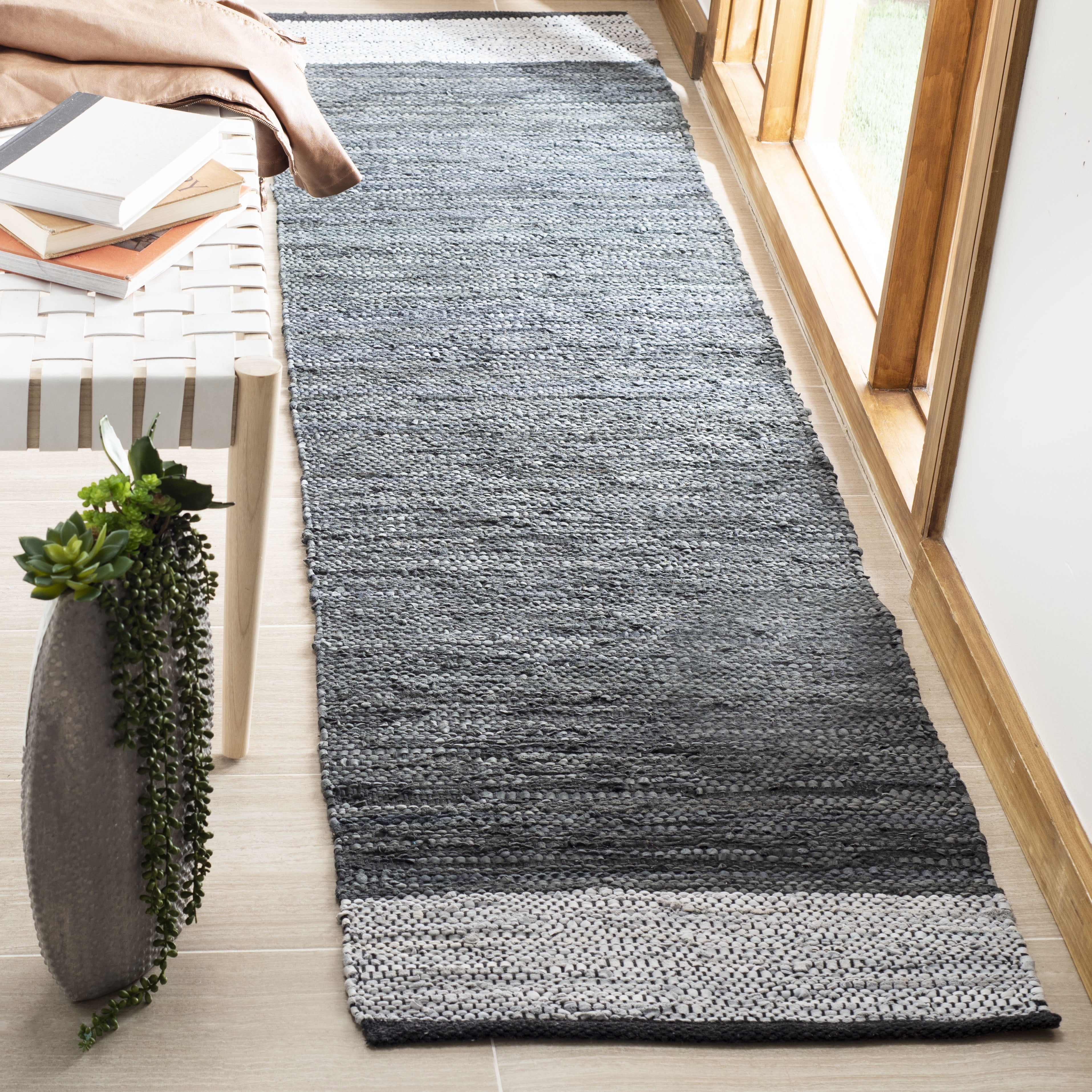 SAFAVIEH Vintage Leather Ayleen Braided Striped Runner Rug, Grey/Silver, 2'3" x 9'