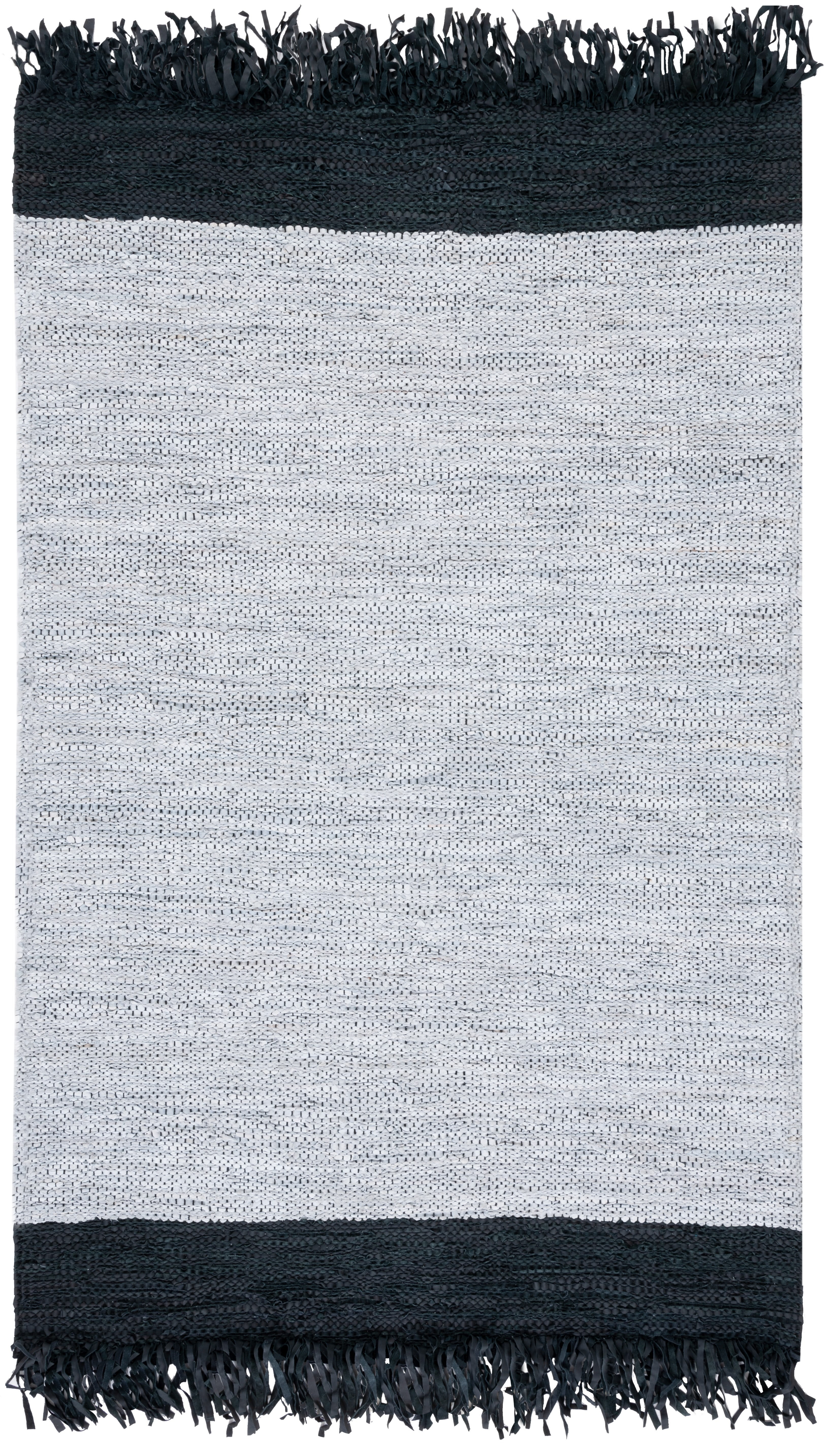 Ivory and Black Striped Leather Flat Woven Rug, 3' x 5'