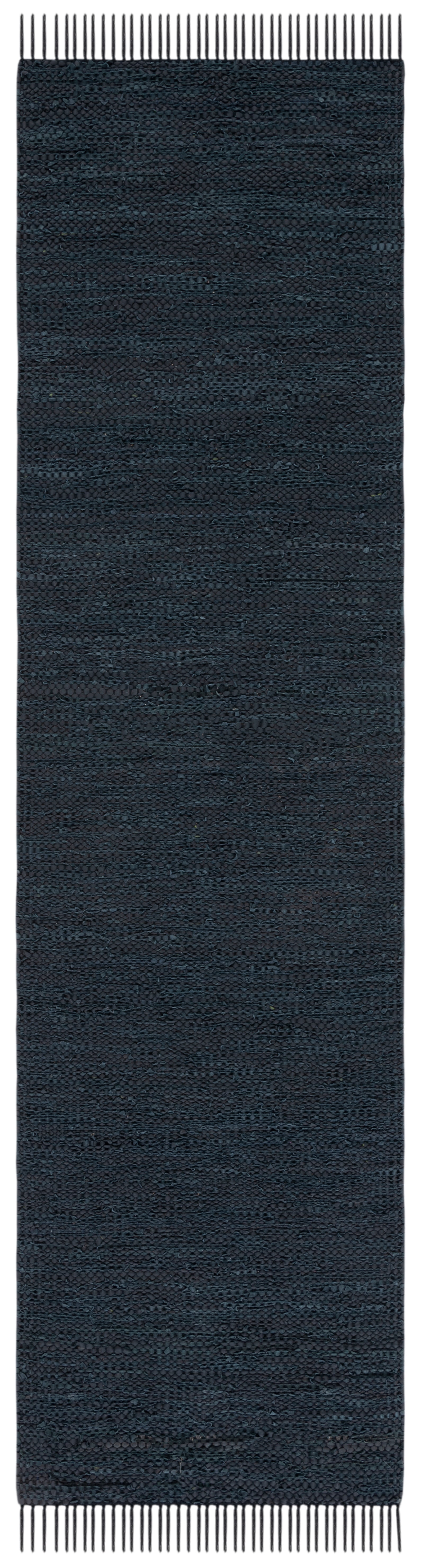 Handwoven Black Cowhide Leather Runner Rug with Fringe, 2'3" x 9'