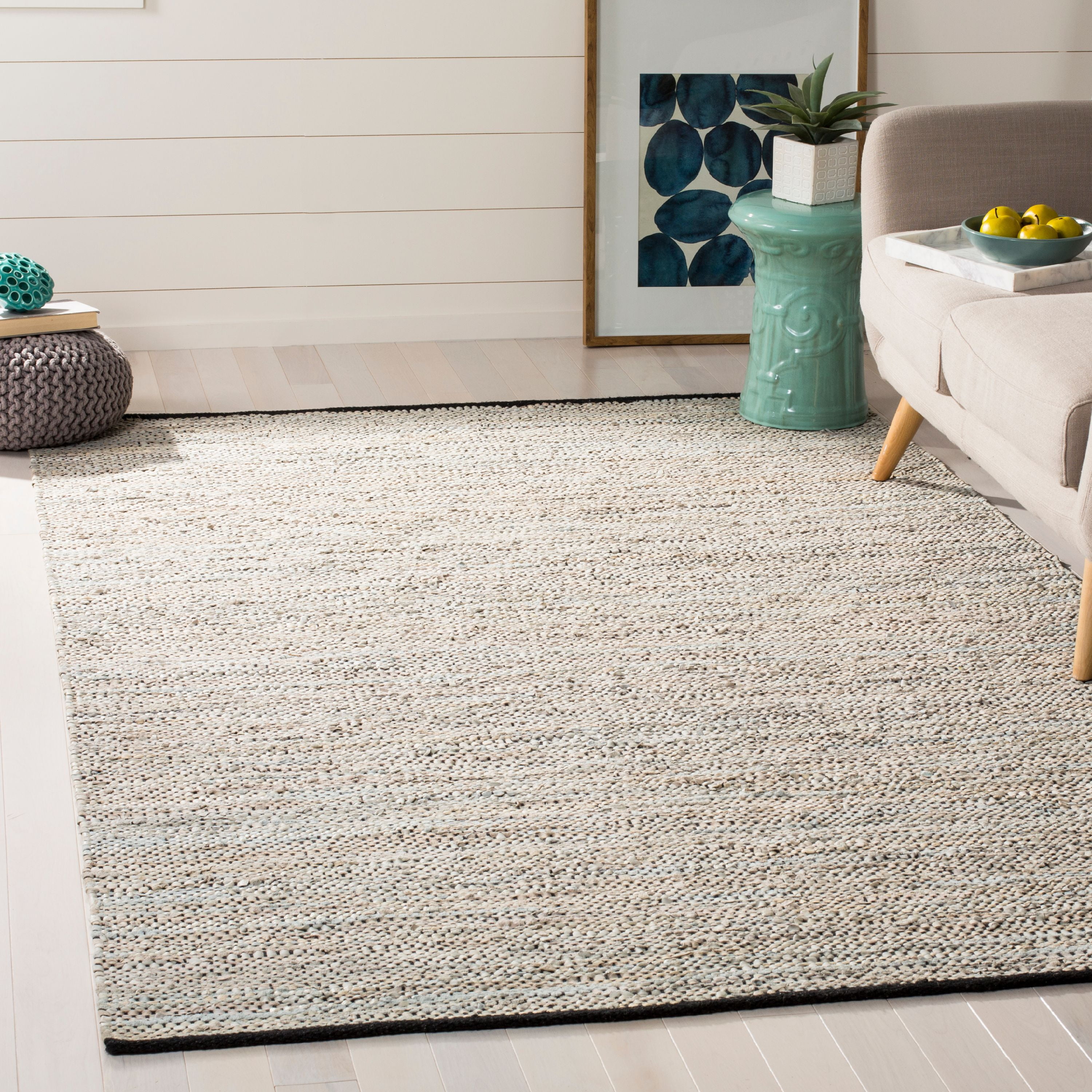 Beige 6' Square Handmade Leather Flat Woven Area Rug