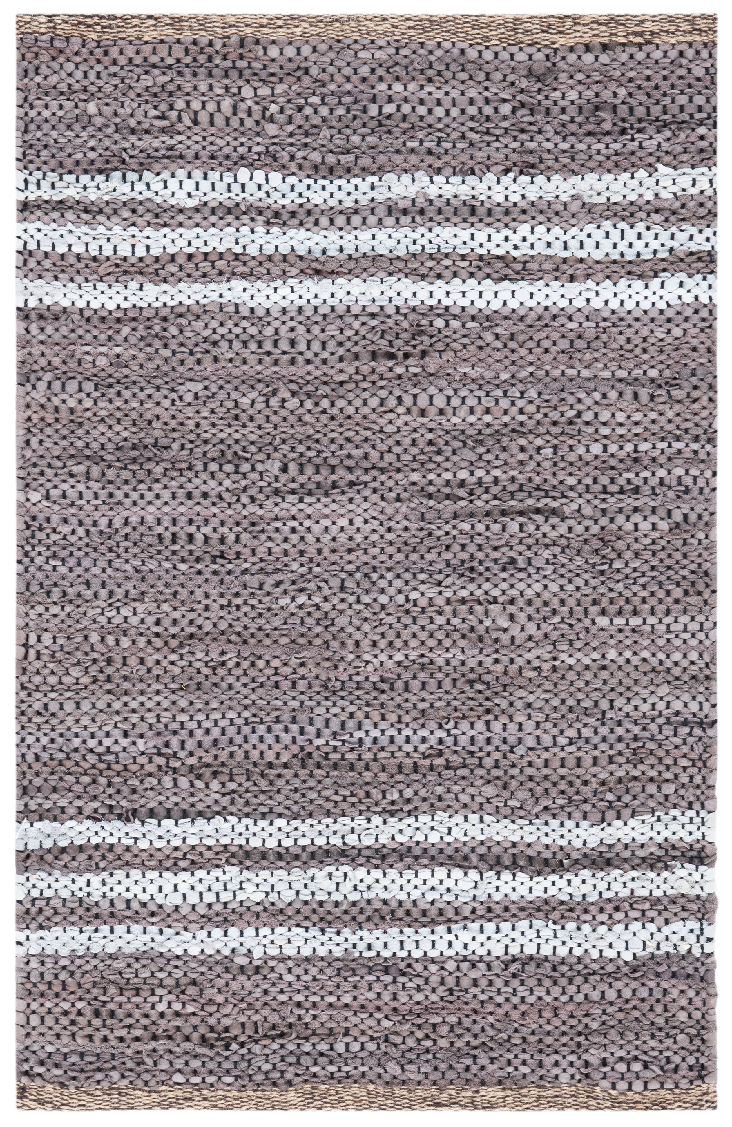Ivory and Silver Flat Woven Leather Cotton Rug