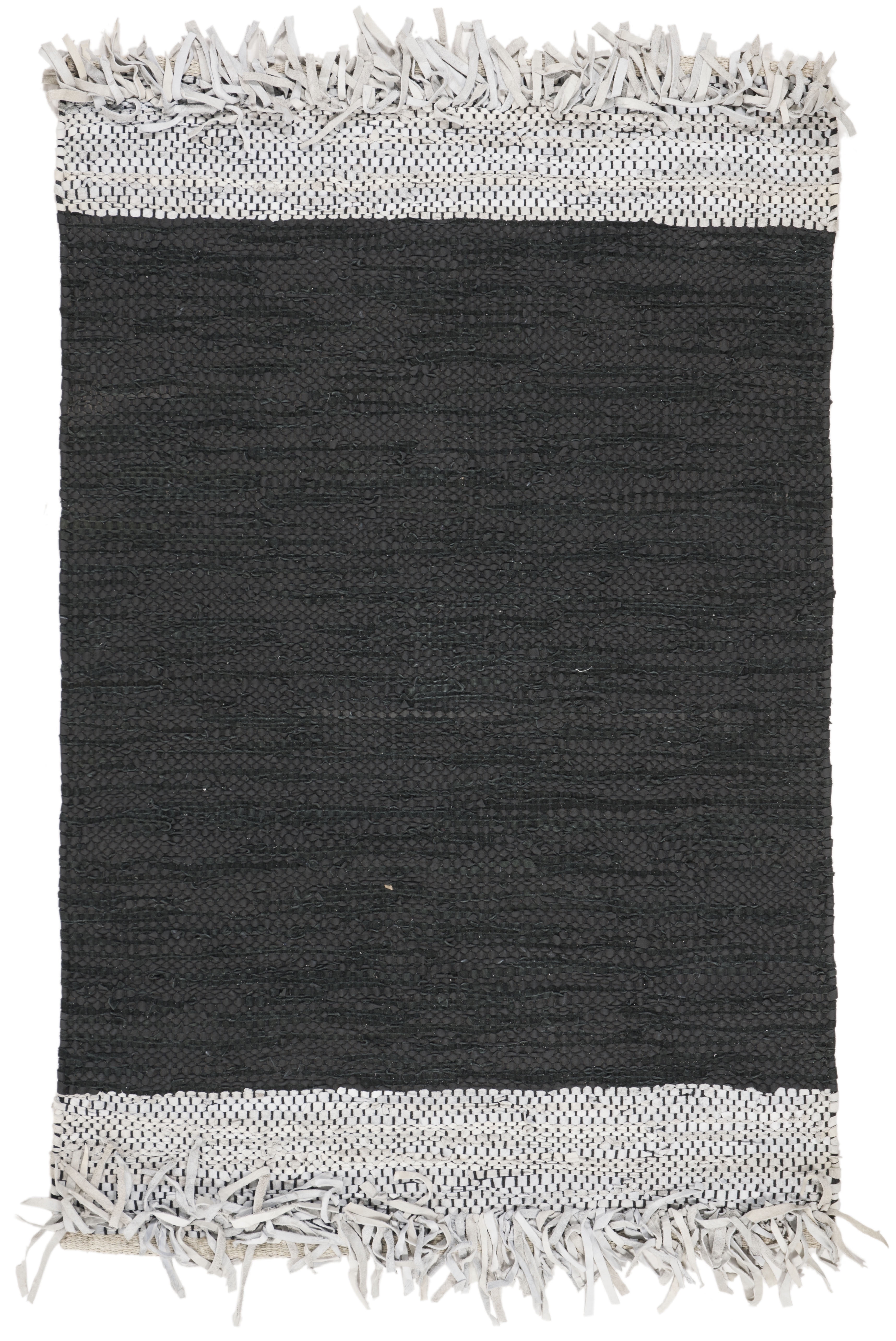 Handmade Light Grey and Black Cowhide Area Rug with Fringe
