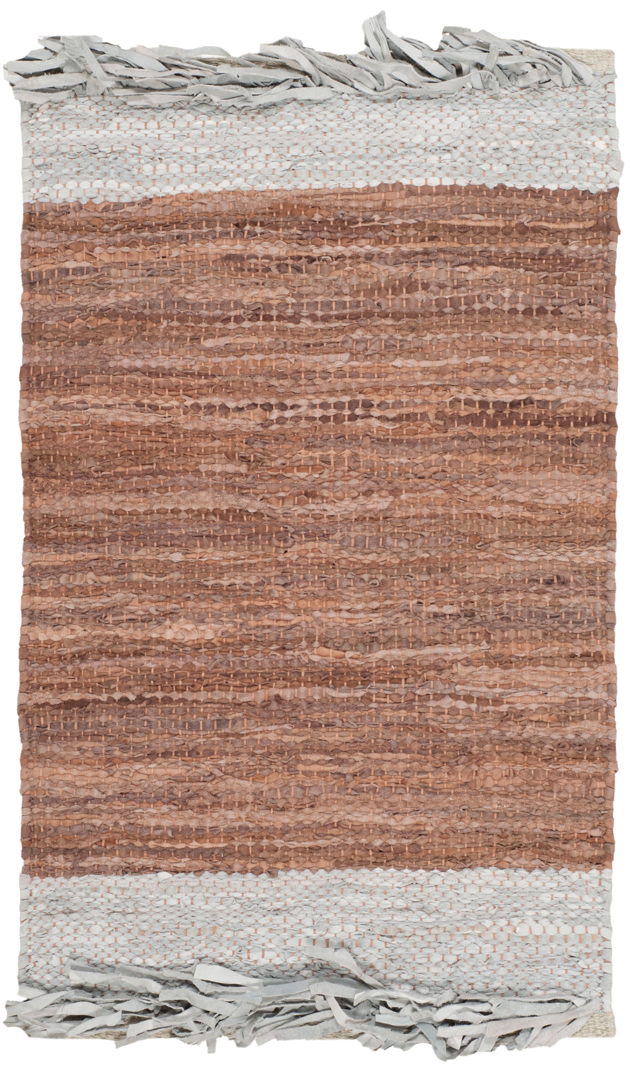 Handmade Light Grey and Brown Leather Fringe Area Rug