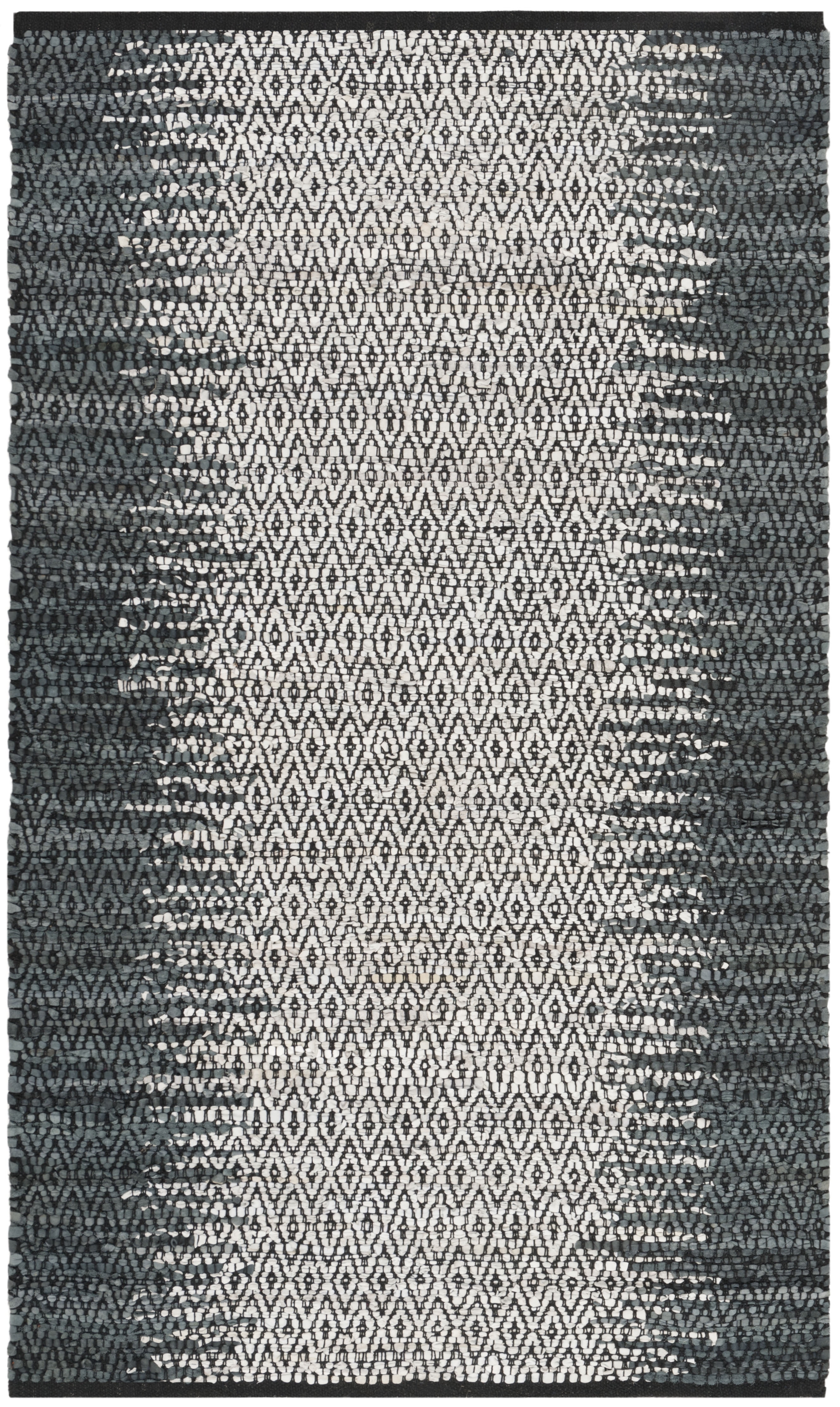 Gray and Cream Handmade Leather Flat Woven Area Rug