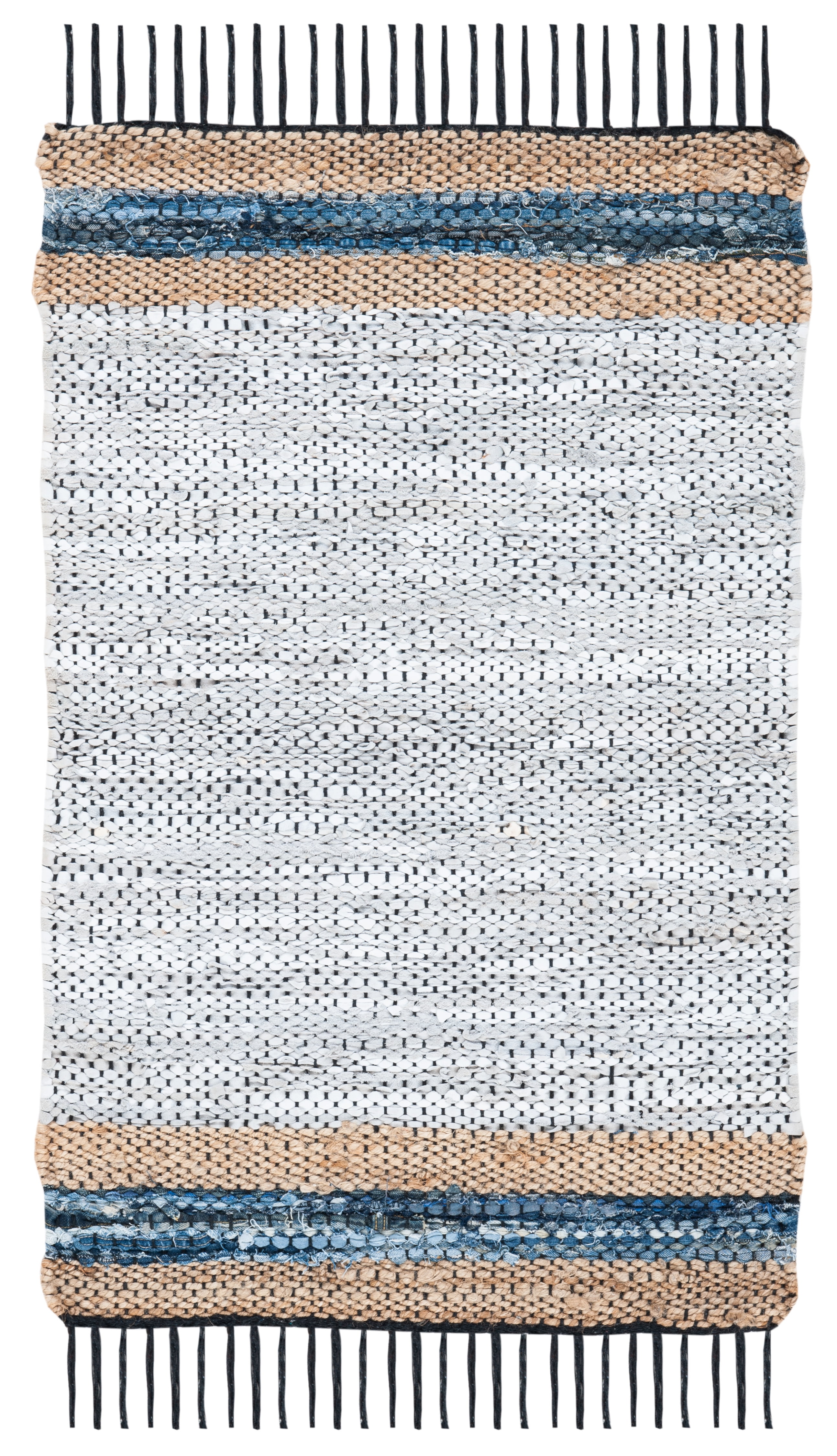Gray and Natural Handmade Leather Flat Woven Rug