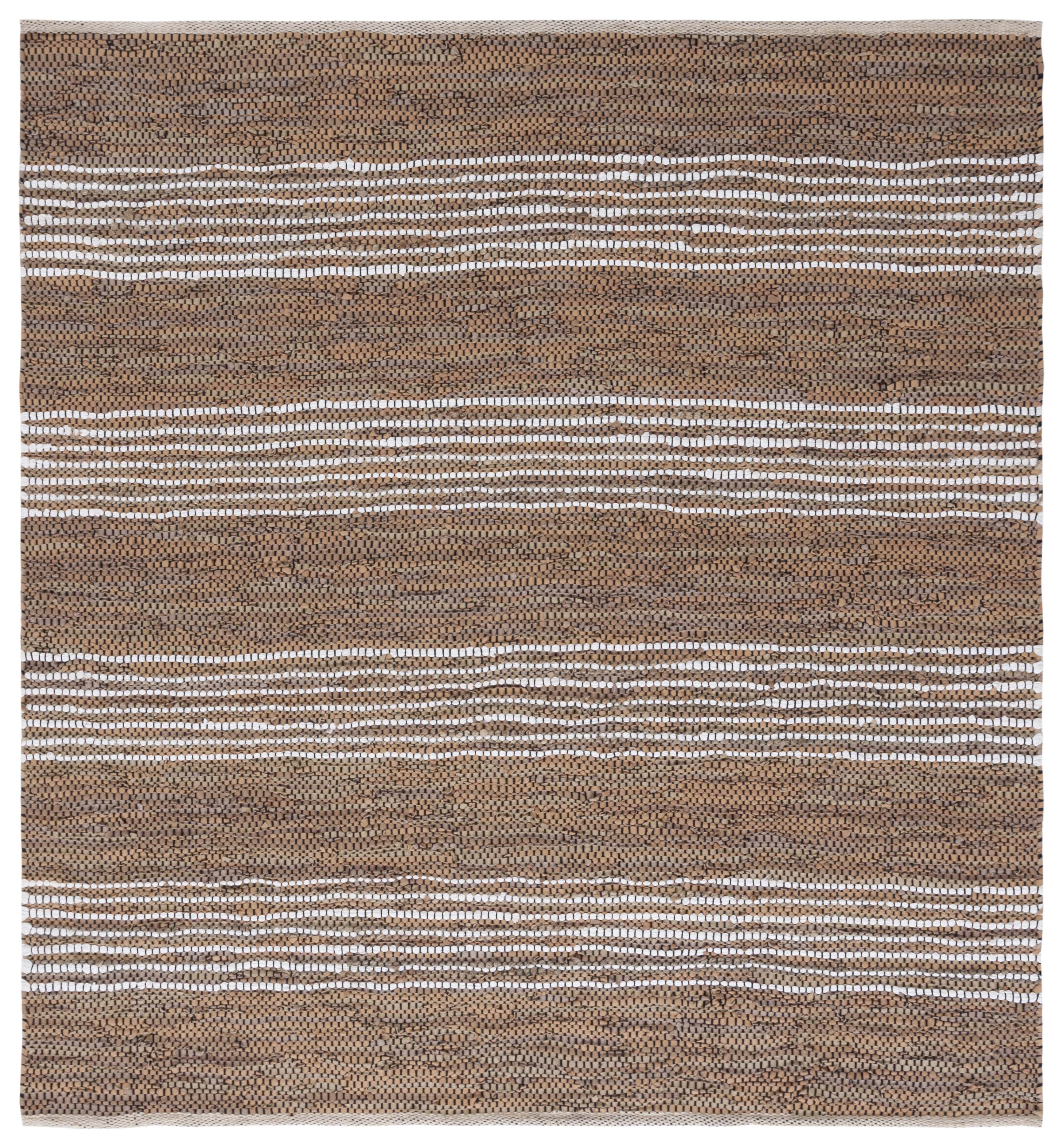 Vintage Light Brown and Ivory Leather Striped Square Rug