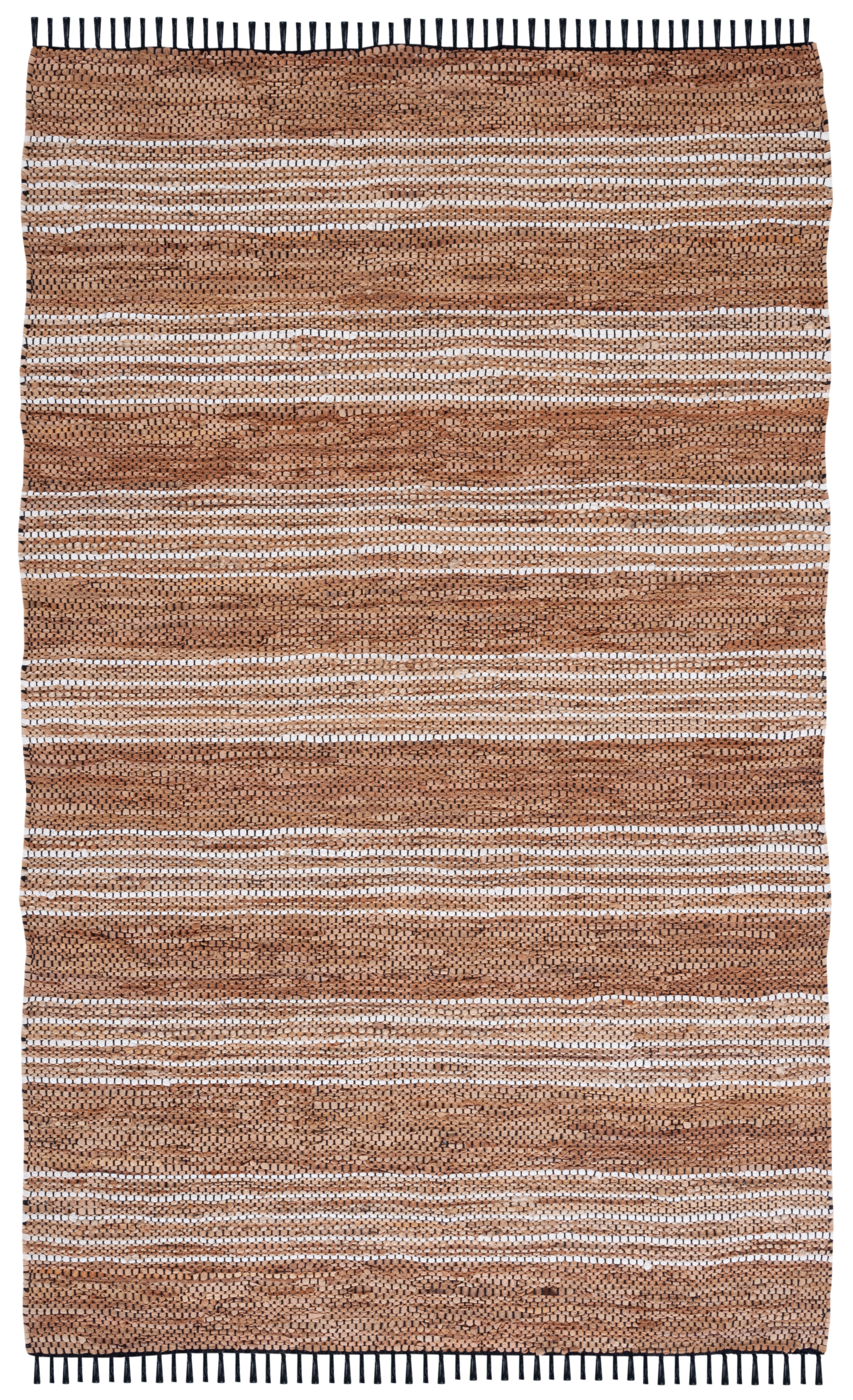 Brown and Natural Flatweave Striped Cotton Leather Rug