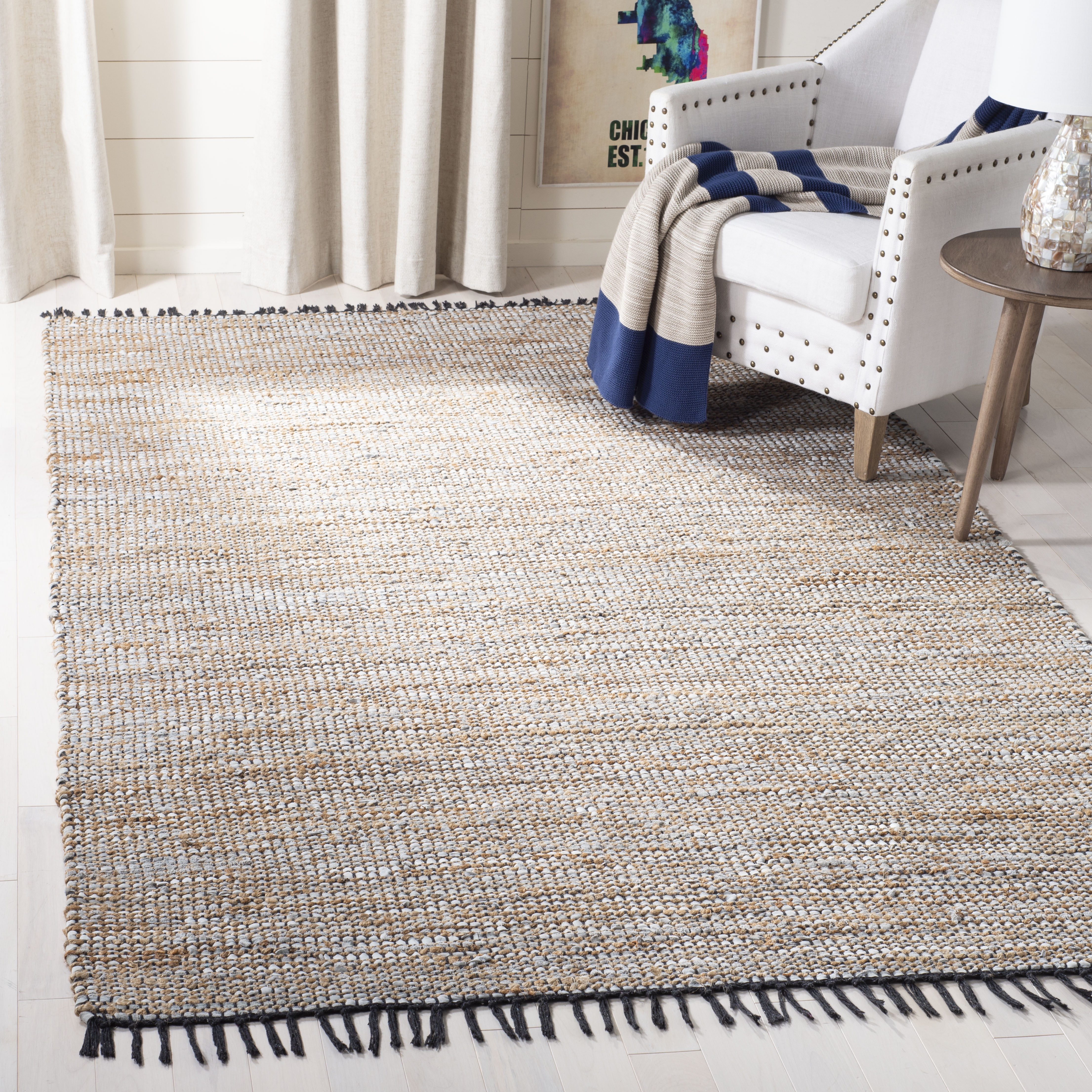 Silver Leather and Cotton 4' x 6' Handmade Flat Woven Rug