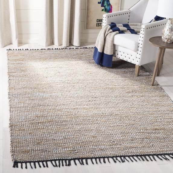 SAFAVIEH Vintage Leather Zharko Solid Braided Fringe Area Rug, Silver, 6' x 6' Square