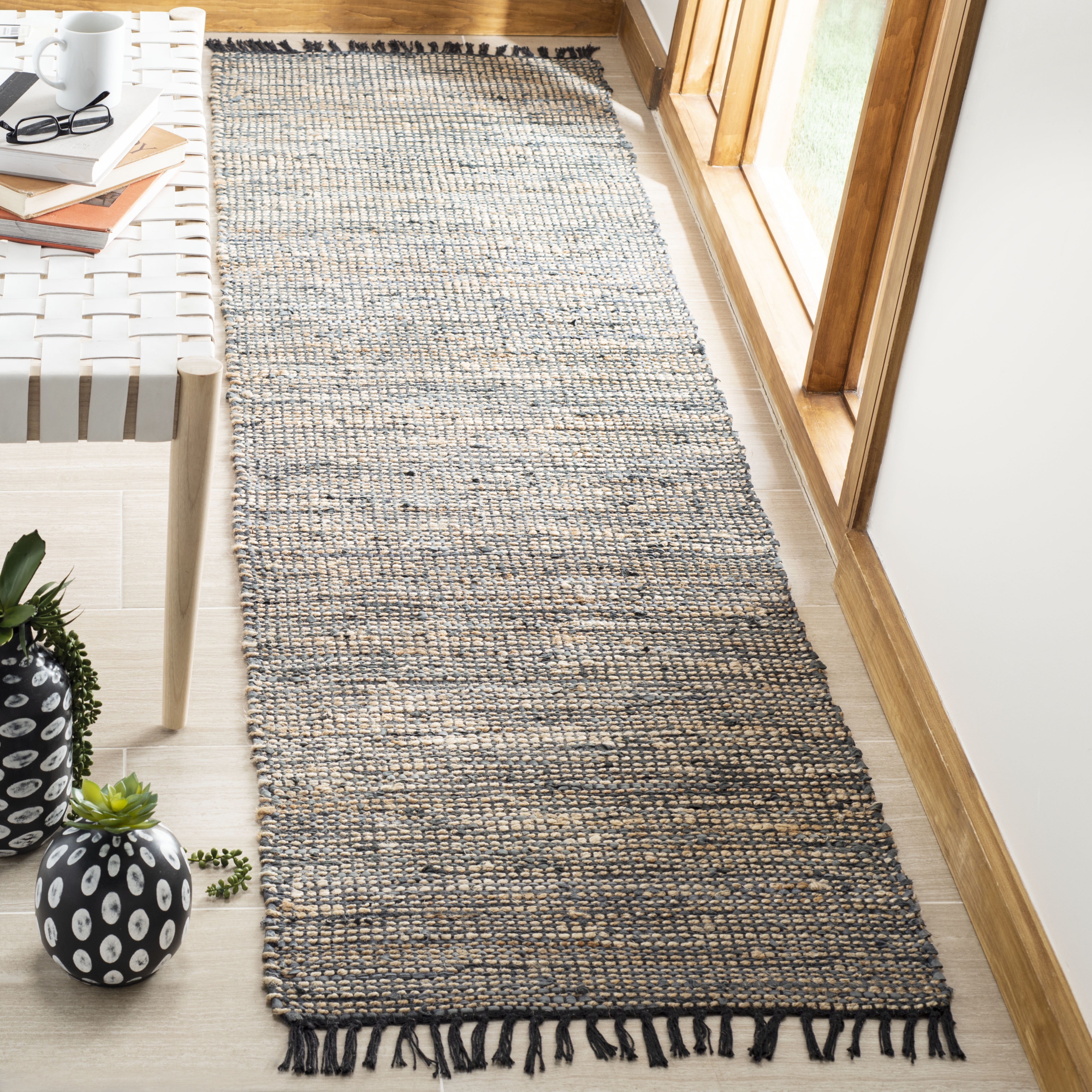 SAFAVIEH Vintage Leather Zharko Solid Braided Fringe Runner Rug, Grey, 2'3" x 9'