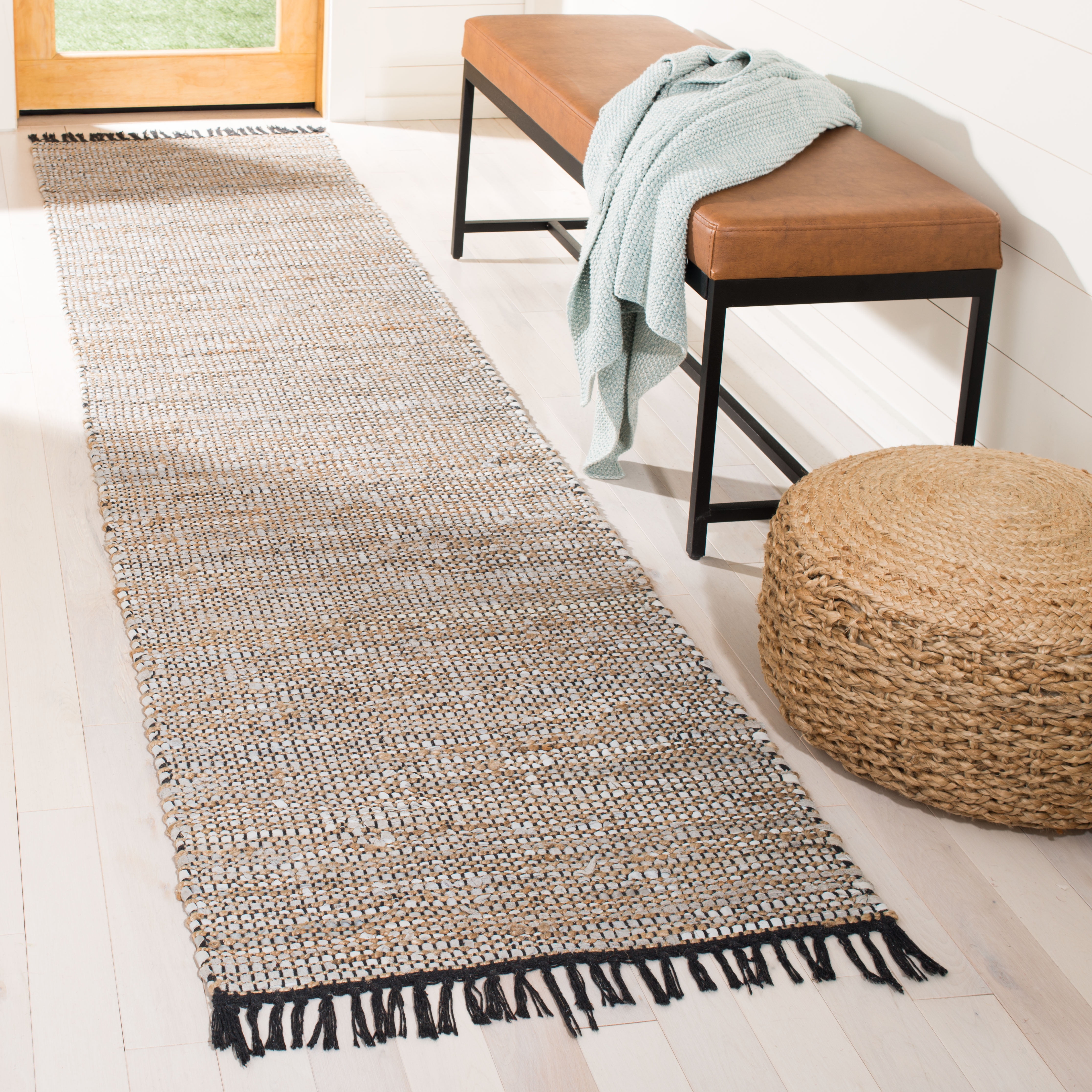 SAFAVIEH Vintage Leather Zharko Solid Braided Fringe Runner Rug, Silver, 2'3" x 9'