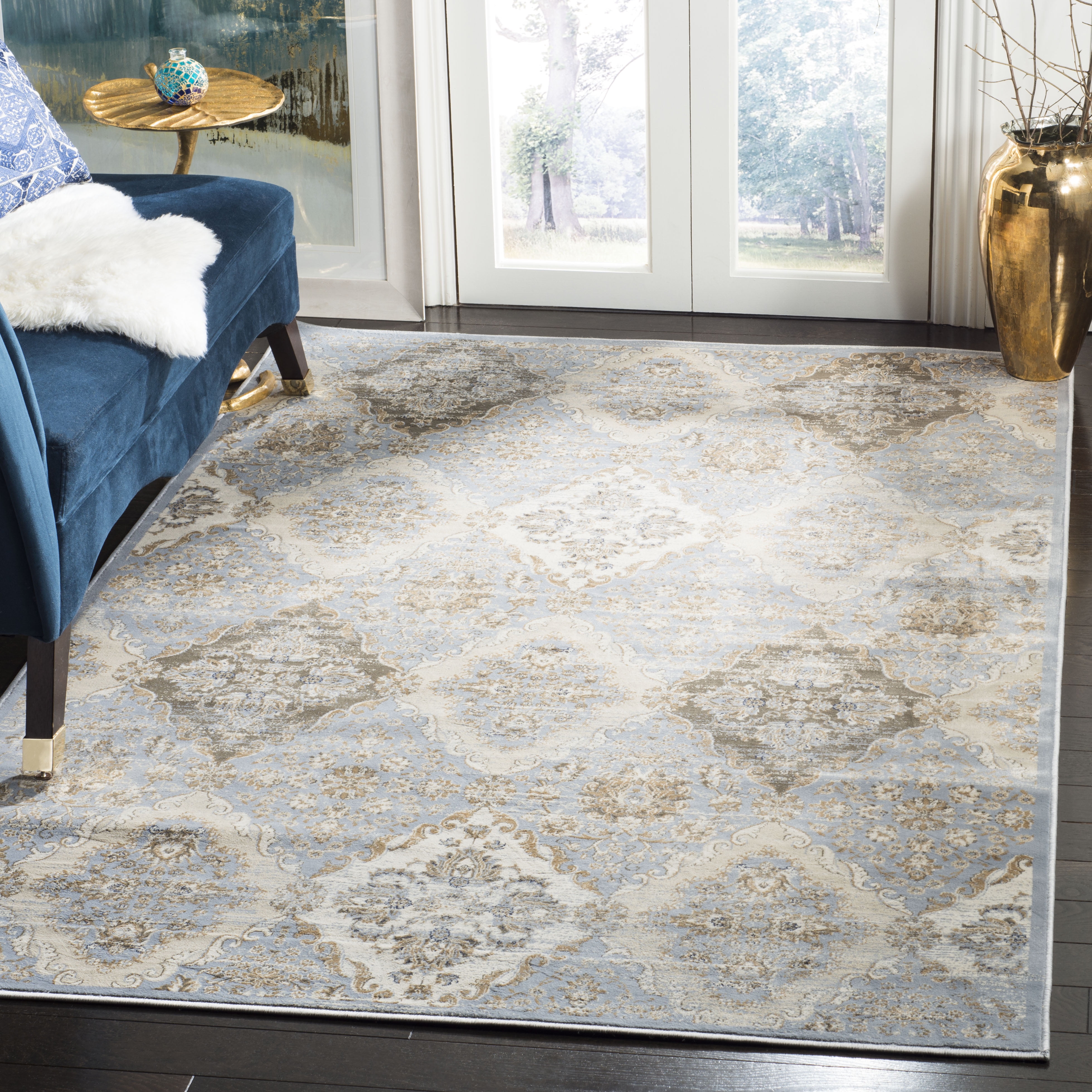 Light Blue and Ivory Hand-Knotted Viscose Area Rug