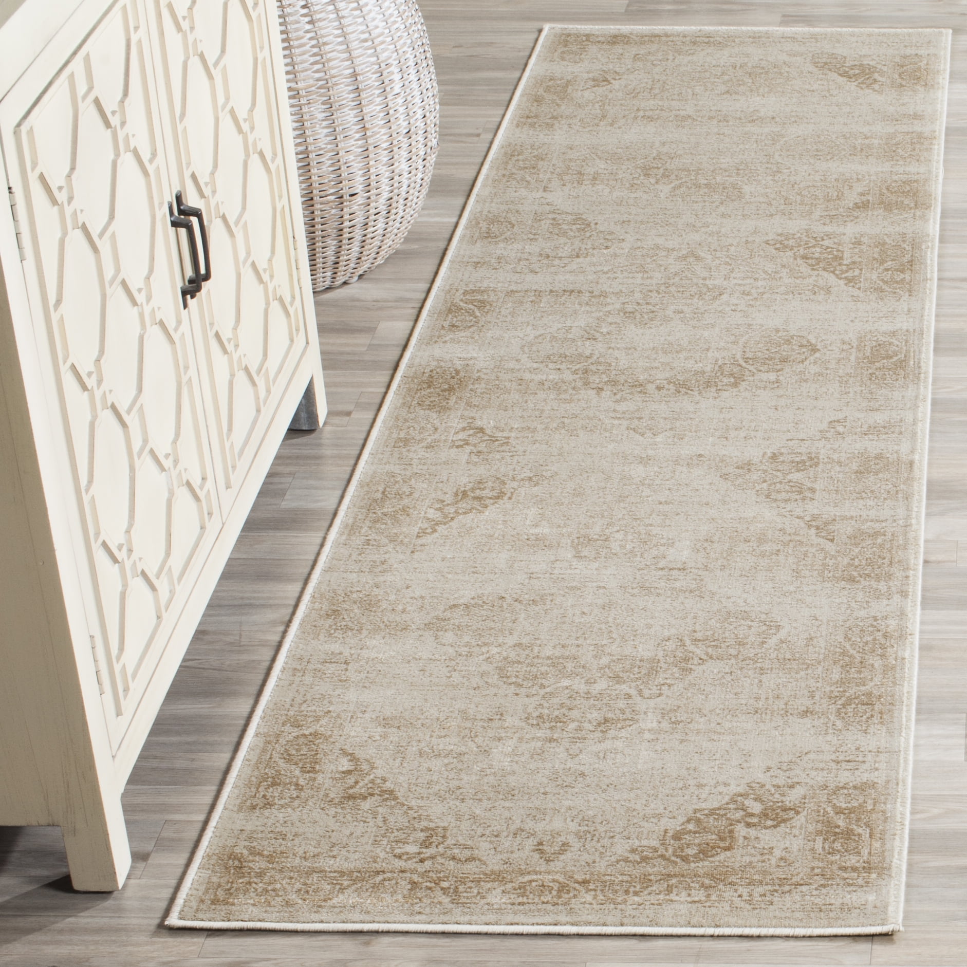 Vintage Stone and Beige Wool Viscose Runner Rug