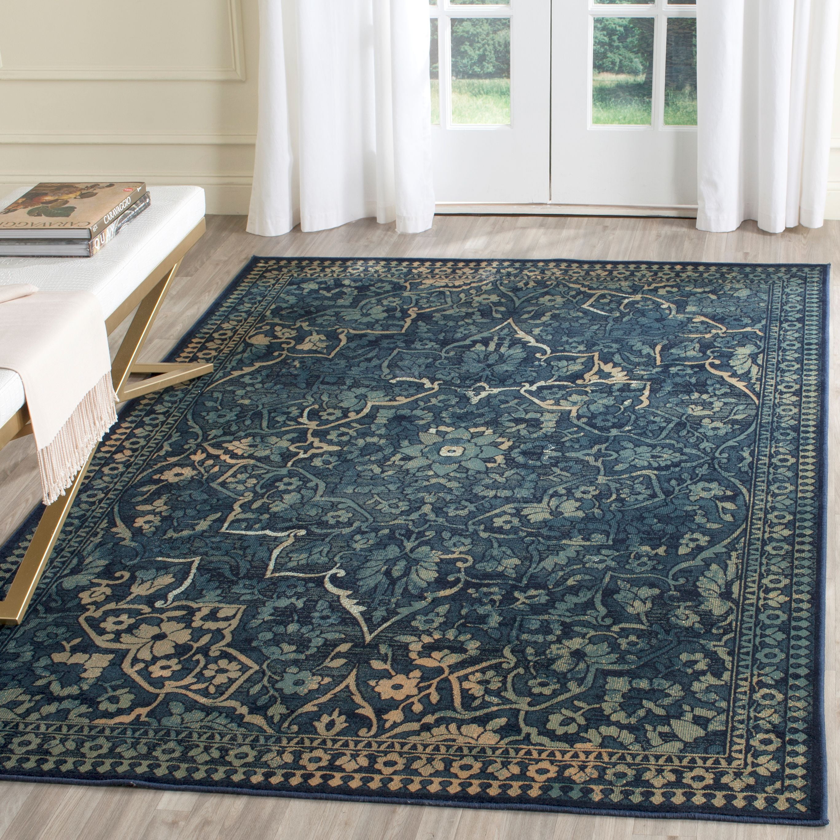 Vintage Blue and Yellow Rectangular Viscose Area Rug