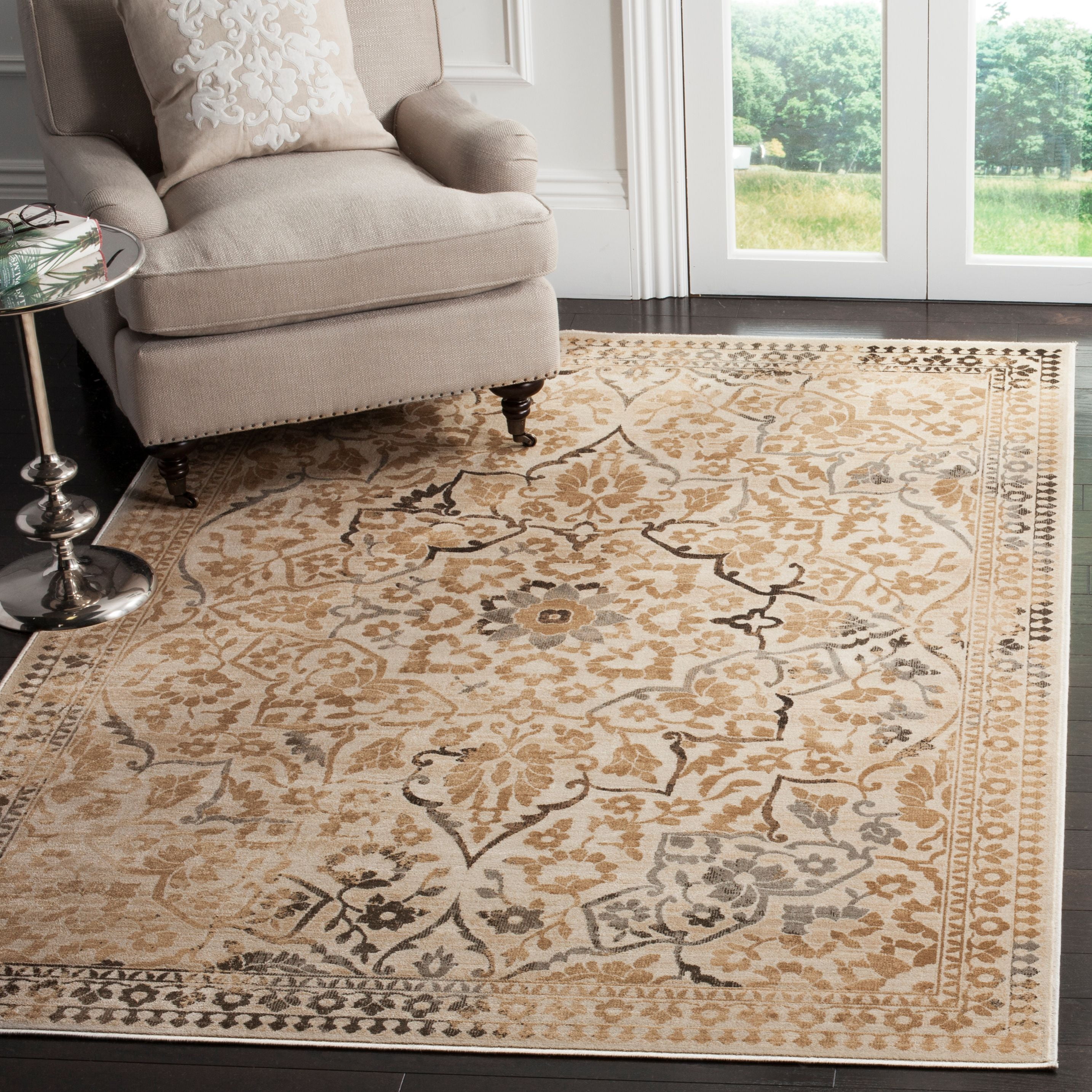 Vintage Cream and Beige Viscose Rectangular Area Rug